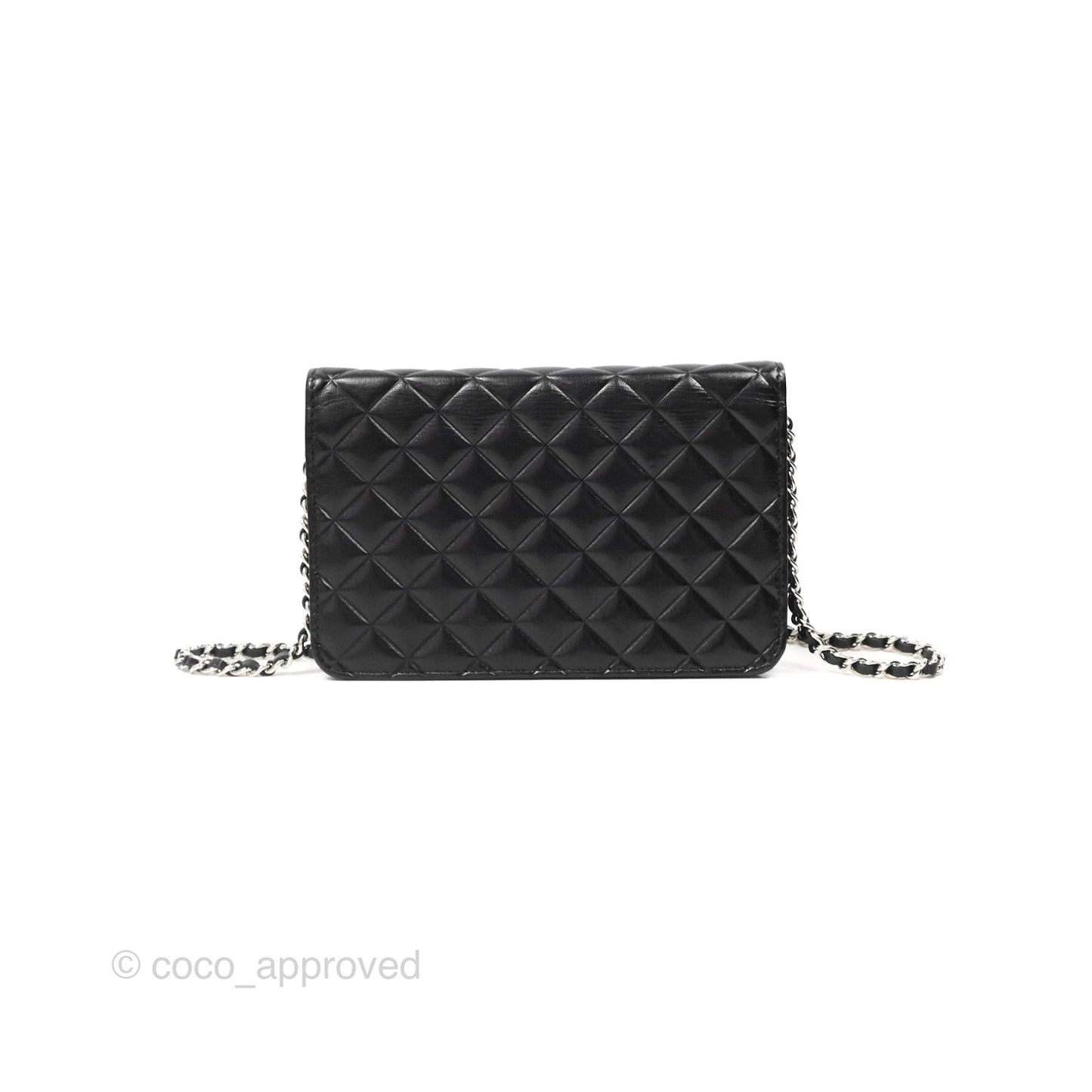 Chanel Diamond CC Wallet On Chain WOC Black Goatskin Silver Hardware