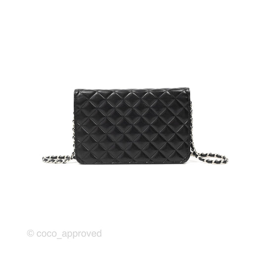 Chanel Diamond CC Wallet On Chain WOC Black Goatskin Silver Hardware