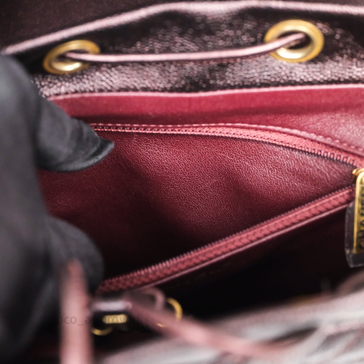 Chanel Quilted Filigree Backpack Iridescent Burgundy Caviar Aged Gold Hardware