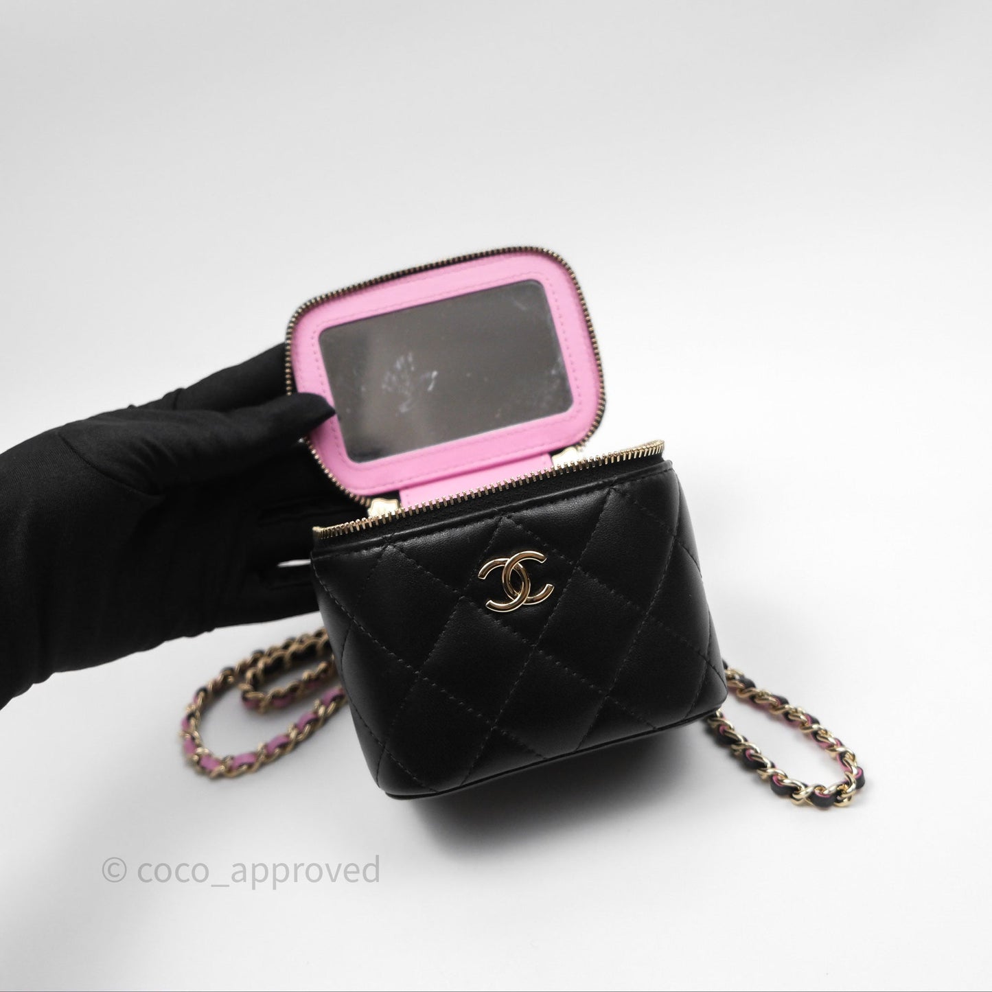 Chanel Mini Top Handle Vanity With Chain Black/ Pink Lambskin Gold Hardware