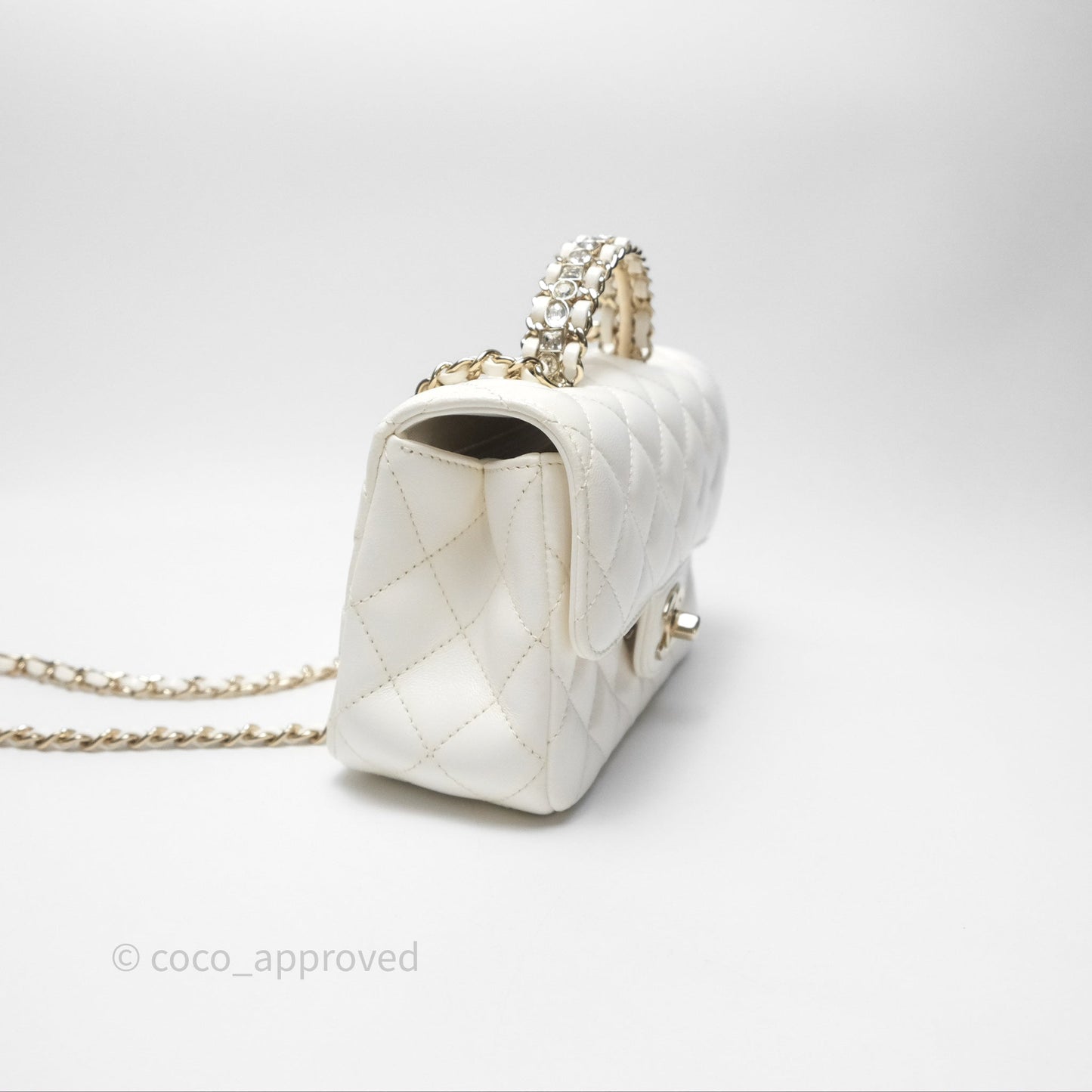 Chanel Crystals Top Handle Mini Rectangular Flap Bag White Lambskin Gold Hardware