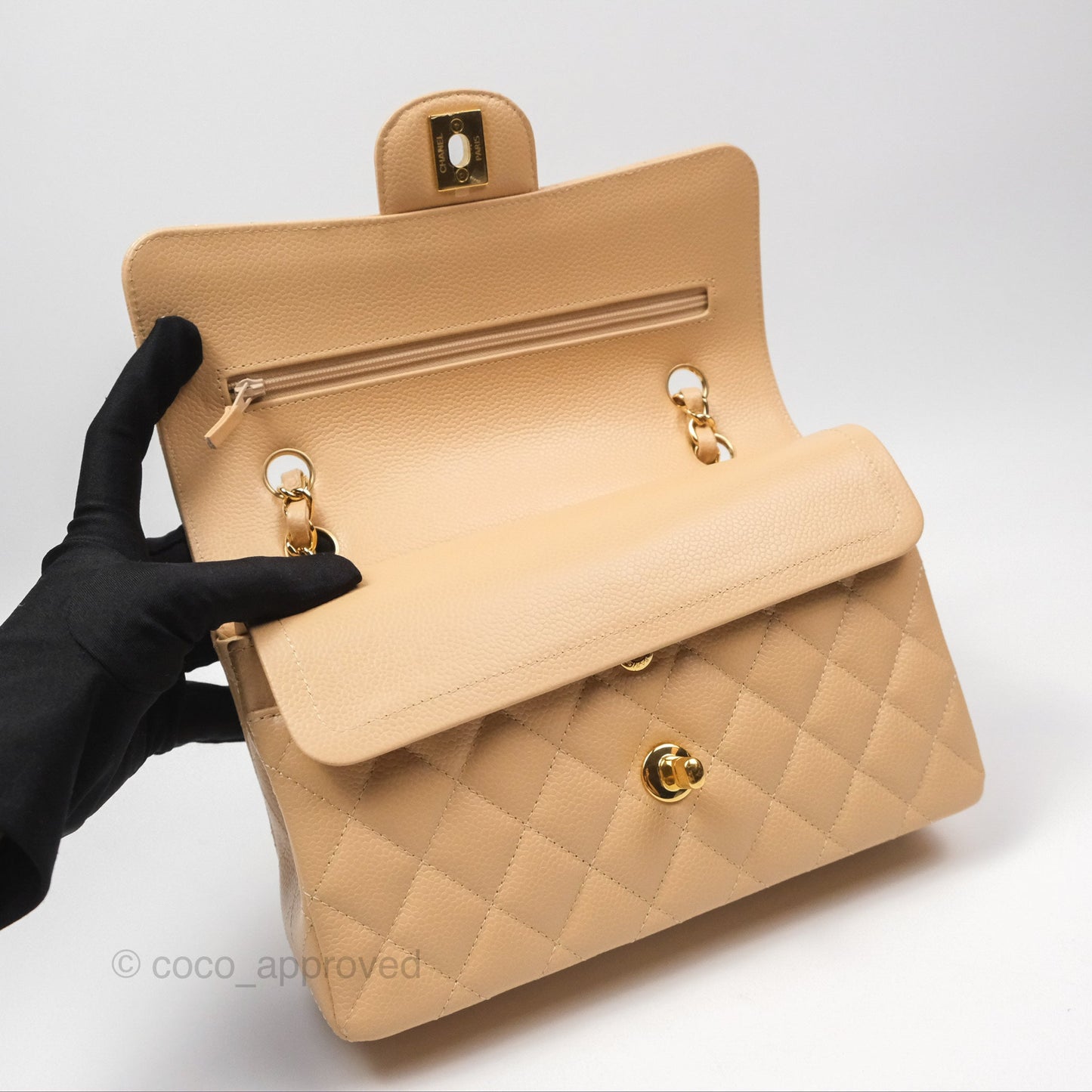 Chanel Classic Small S/M Quilted Flap Beige Caviar Gold Hardware