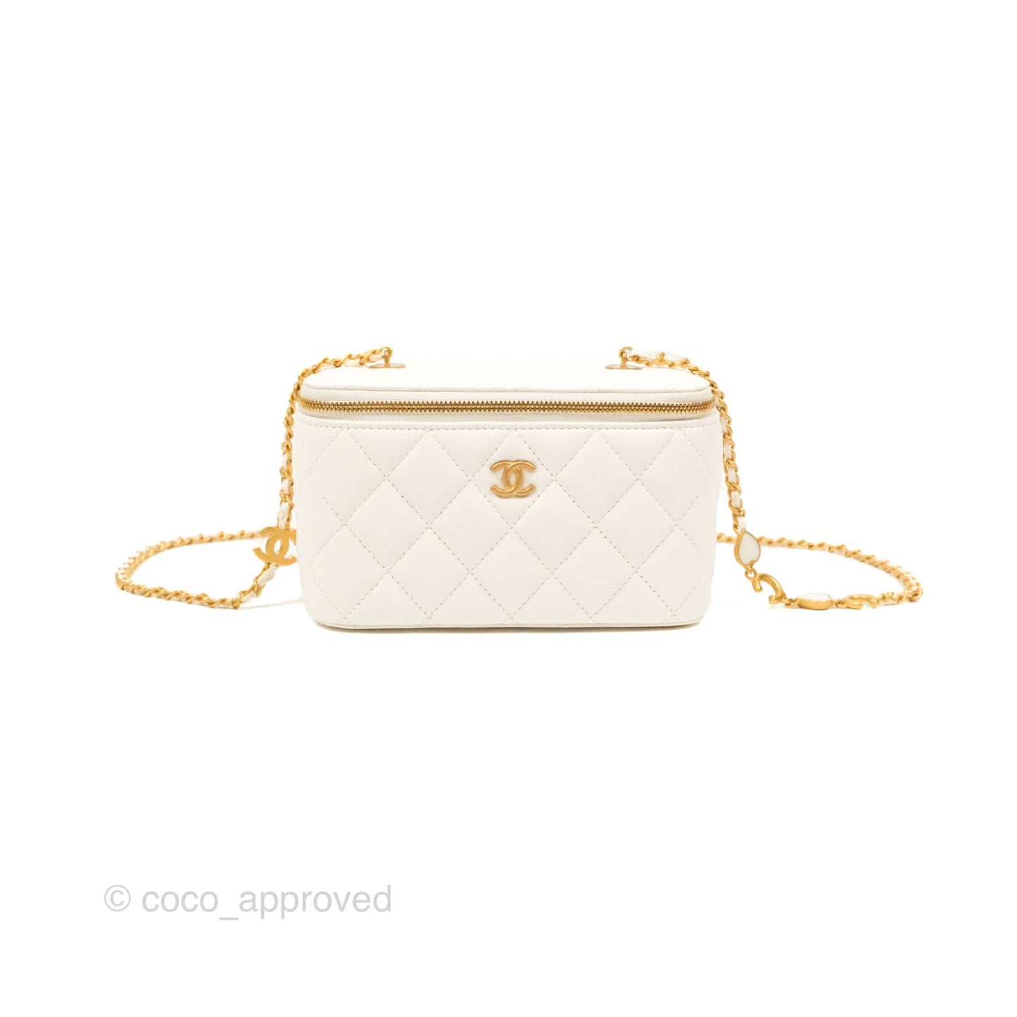 Chanel Vanity with COCO Heart Chain White Lambskin Aged Gold Hardware