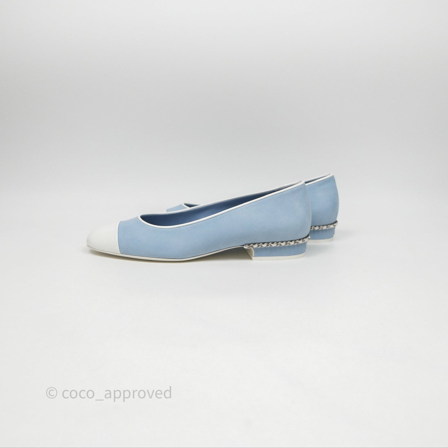 Chanel White Toe Pointed Light Blue Ballerinas With Chain Size 37