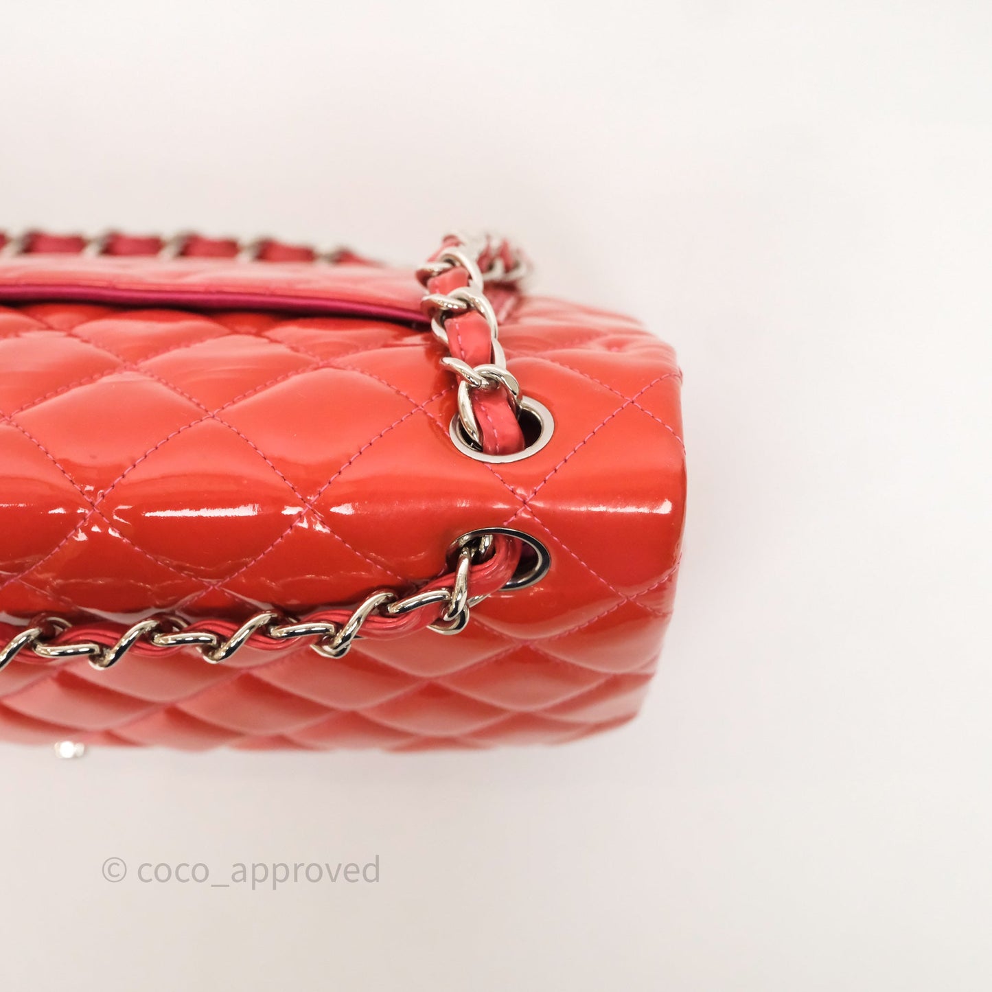Chanel Jumbo Double Flap Red Orange Patent Silver Hardware⁣⁣