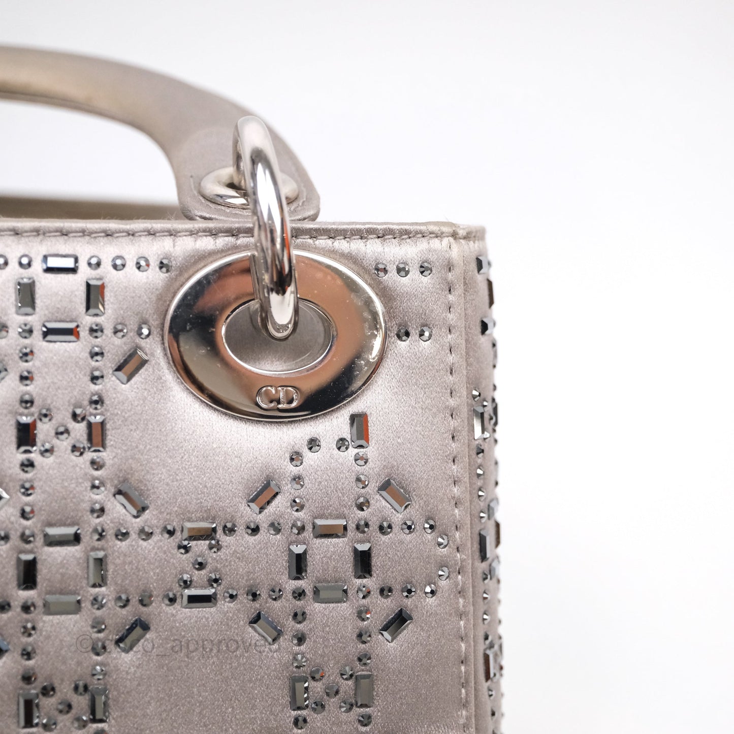Christian Dior Mini Lady Dior Bag Grey Strass Cannage Satin Silver Hardware