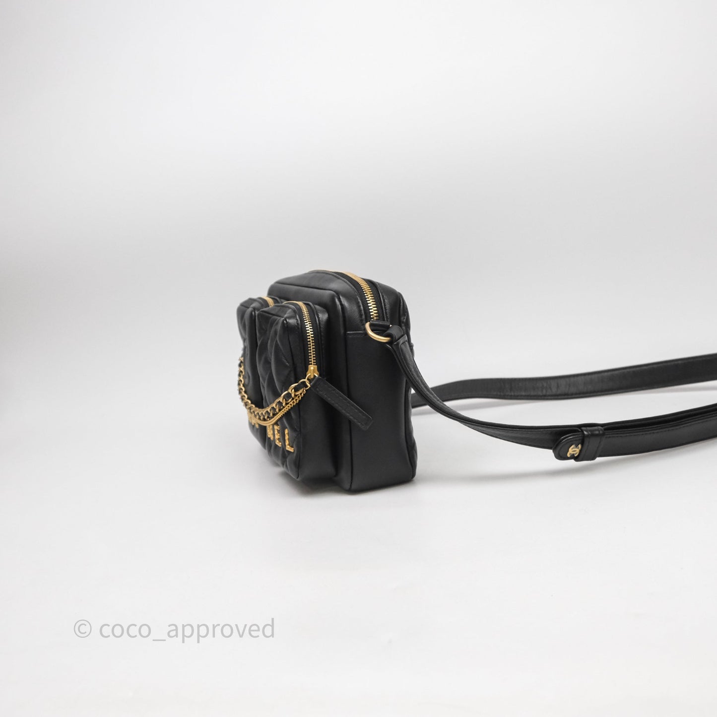 Chanel Small Camera Case Quilted Black Calfskin Aged Gold Hardware 22C