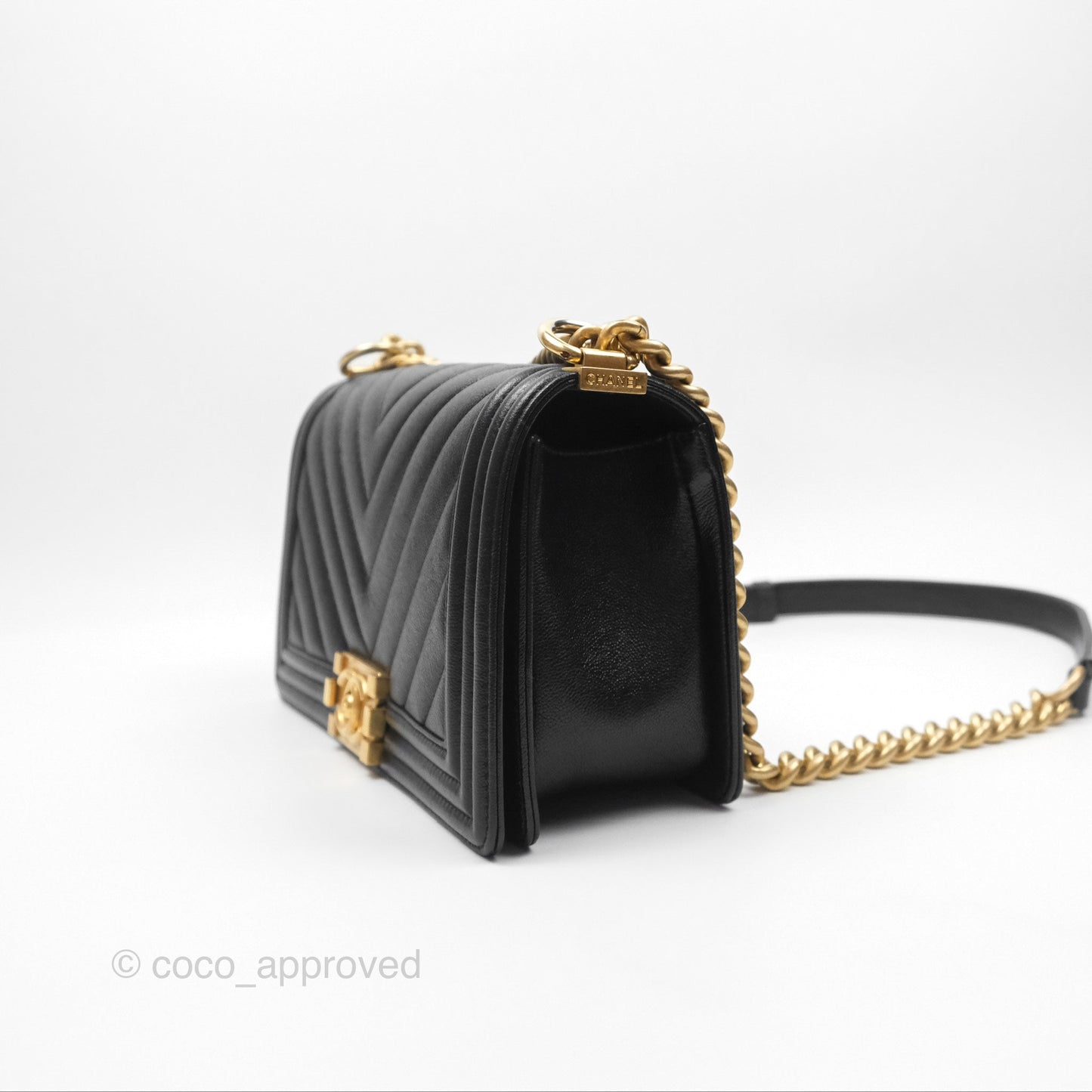 Chanel Medium Boy Chevron Black Caviar Aged Gold Hardware