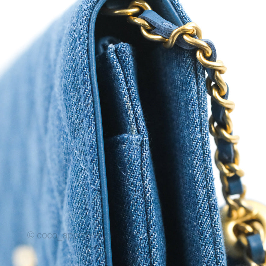 Chanel Quilted Pearl Crush Wallet on Chain WOC Denim Aged Gold Hardware