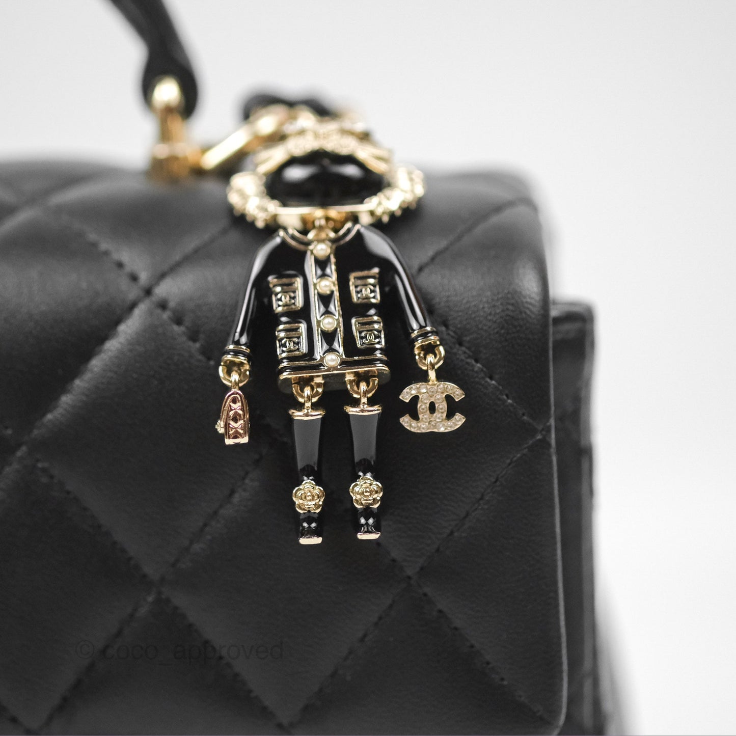 Chanel Top Handle Mini Rectangular Flap Bag with Charm Black Lambskin Gold Hardware