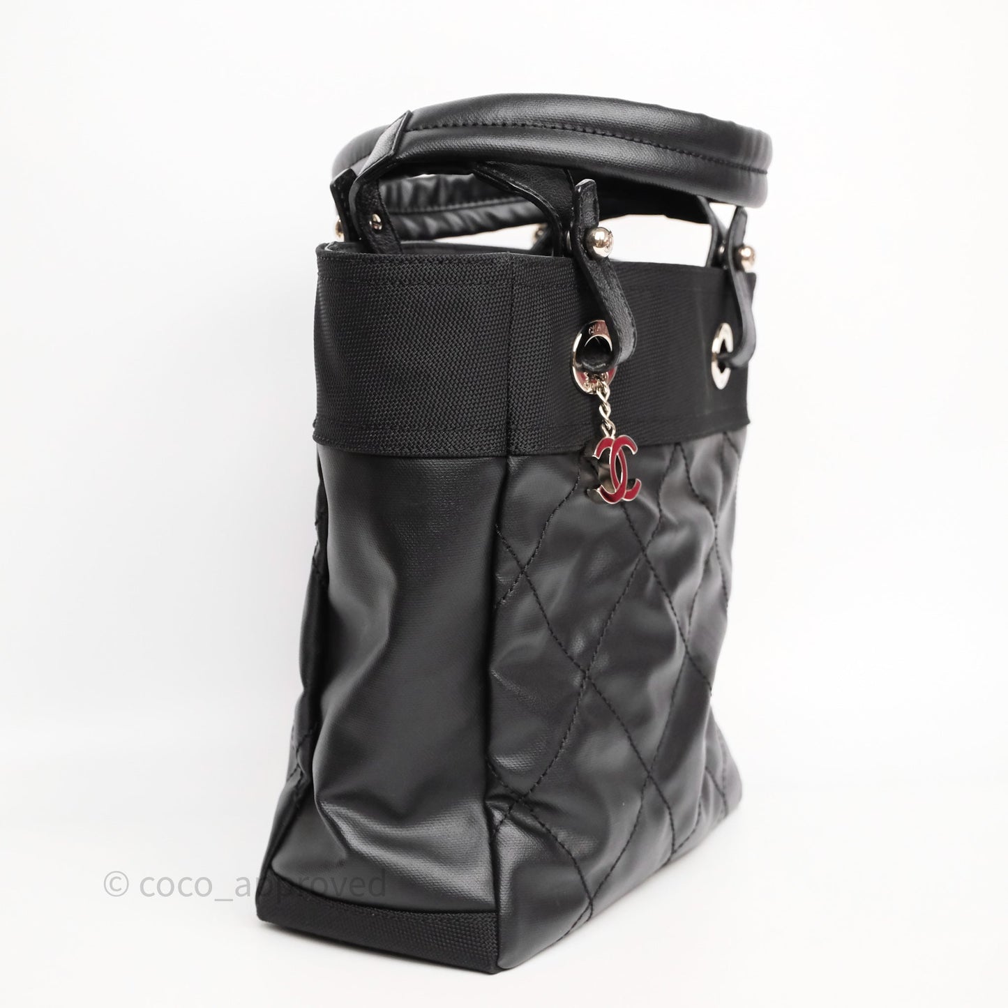 Chanel Quilted Paris Biarritz Tote PM Black Coated Canvas