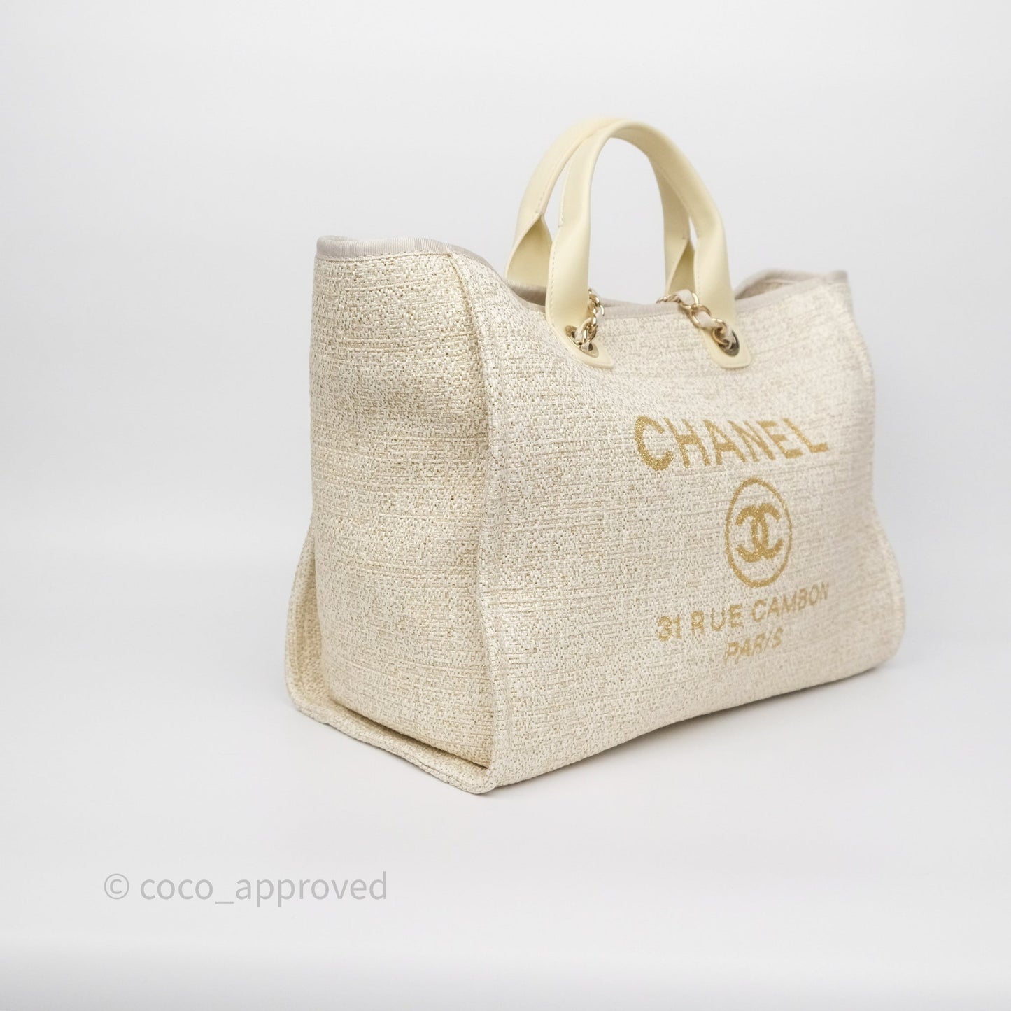 Chanel Large Deauville Ivory/Gold Canvas Gold Hardware