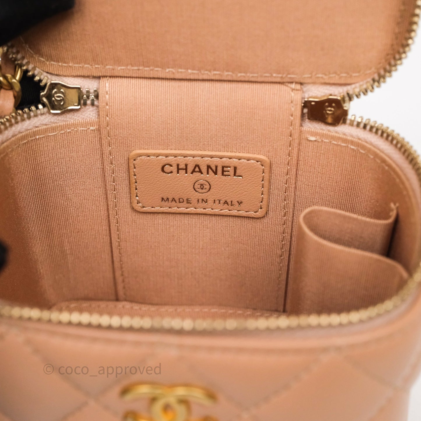 Chanel Mini Top Handle Vanity With Chain Beige Lambskin Aged Gold Hardware