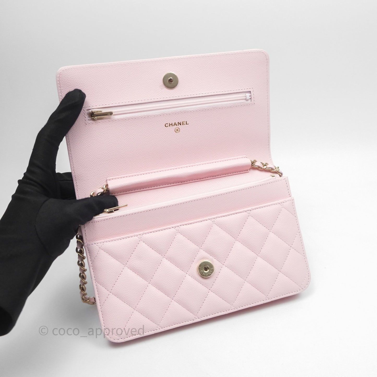 Chanel Classic Quilted Wallet on Chain WOC Light Pink Caviar Gold Hardware