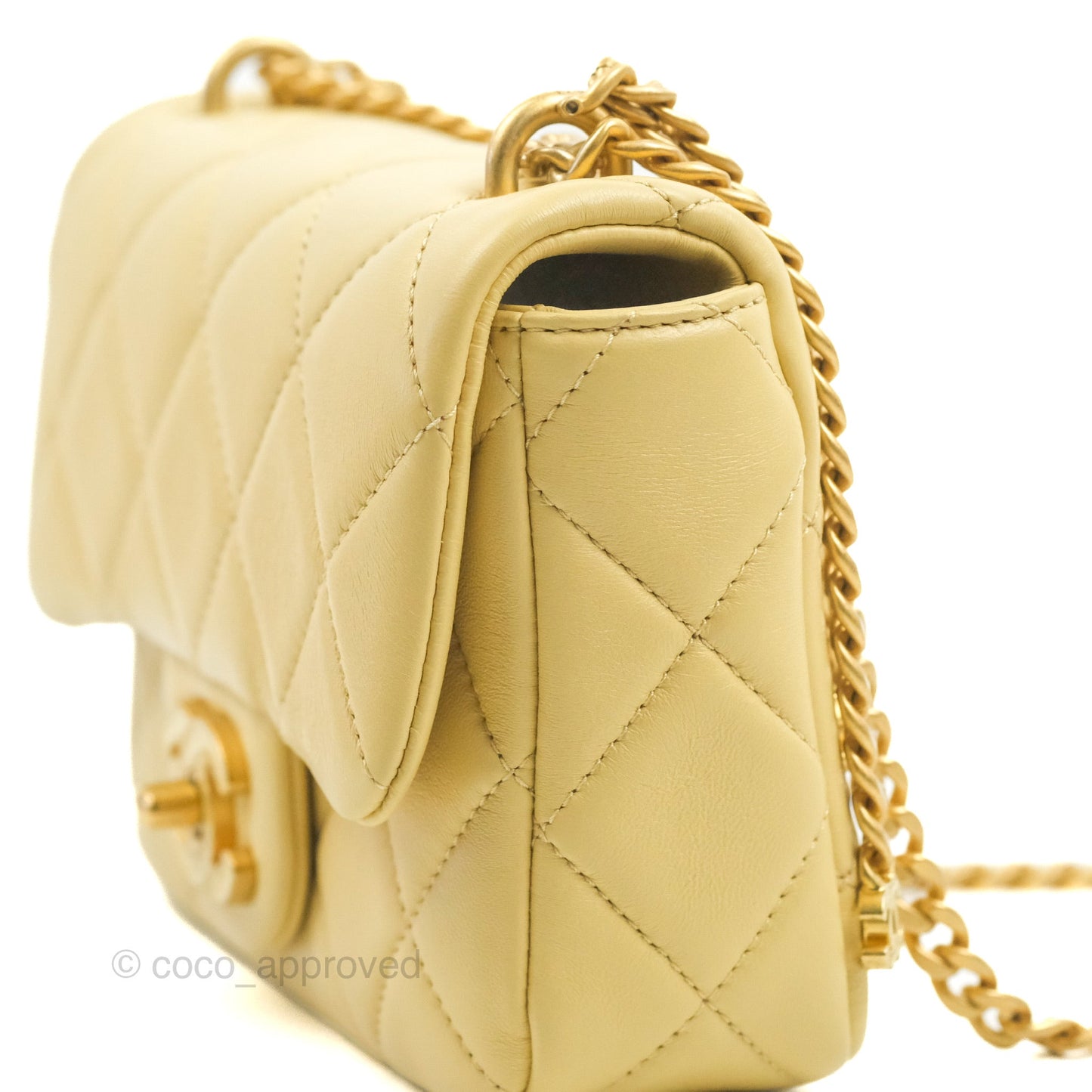 Chanel Enamel Quilted Pending CC Mini Square Flap Yellow Lambskin Aged Gold Hardware 22P