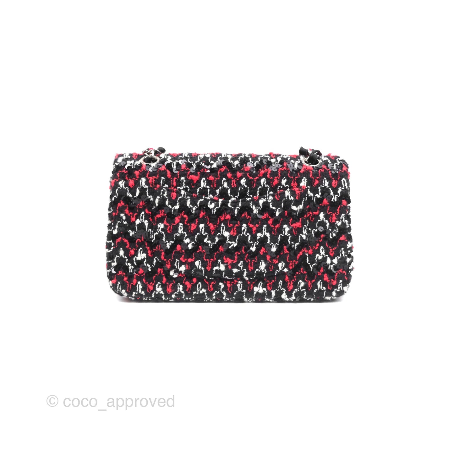 Chanel Shoulder Flap Bag Red/ Black/ White Tweed Sequins Silver Hardware