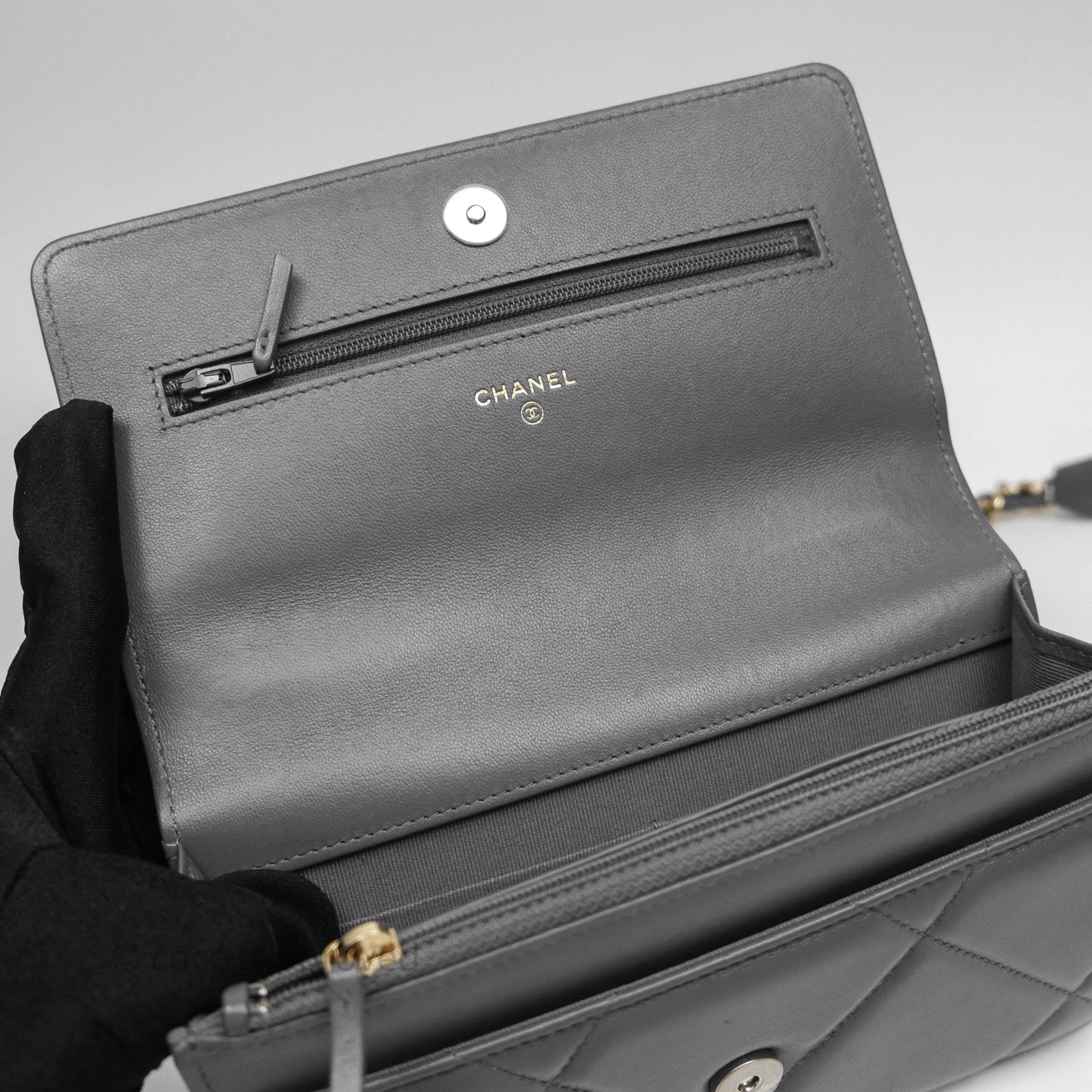 Chanel 19 Wallet on Chain WOC Grey Lambskin Mixed Hardware