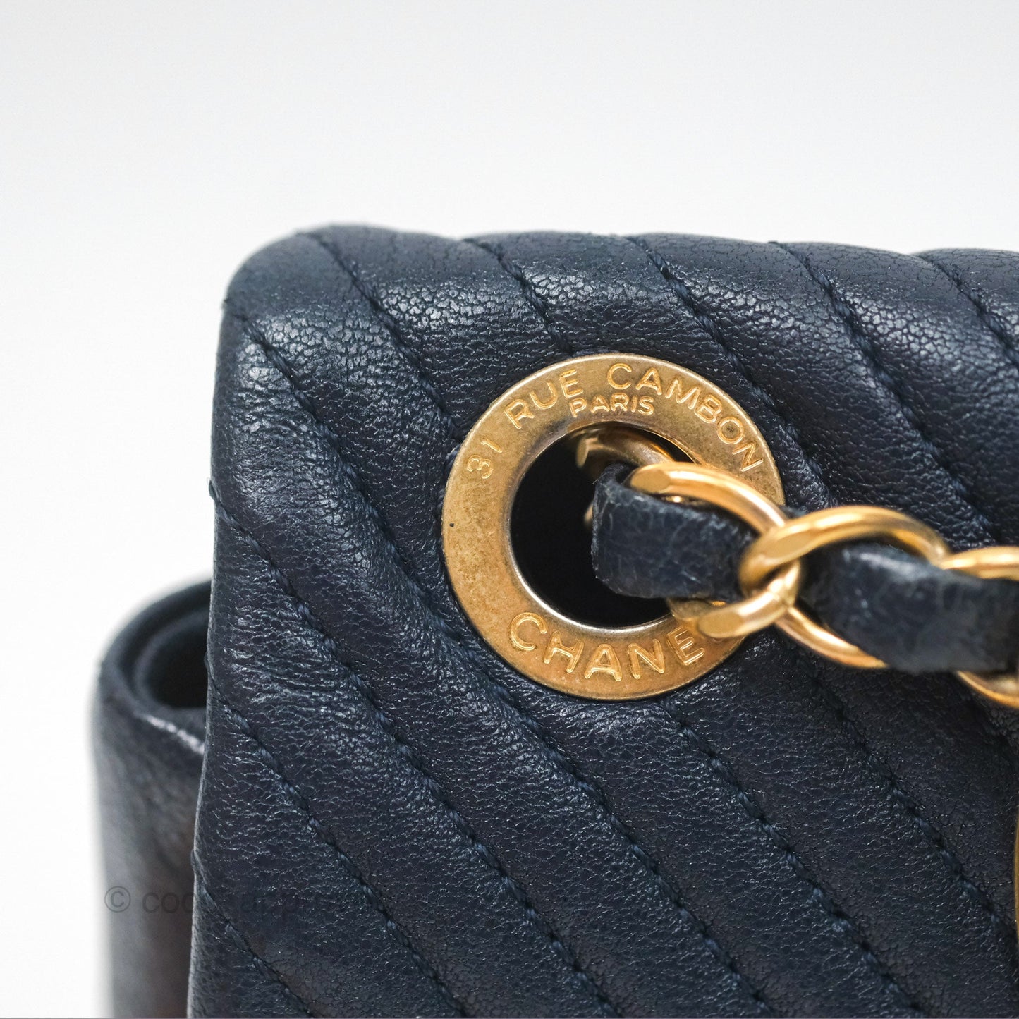 Chanel Small Chevron Surpique Flap Navy Calfskin Aged Gold Hardware
