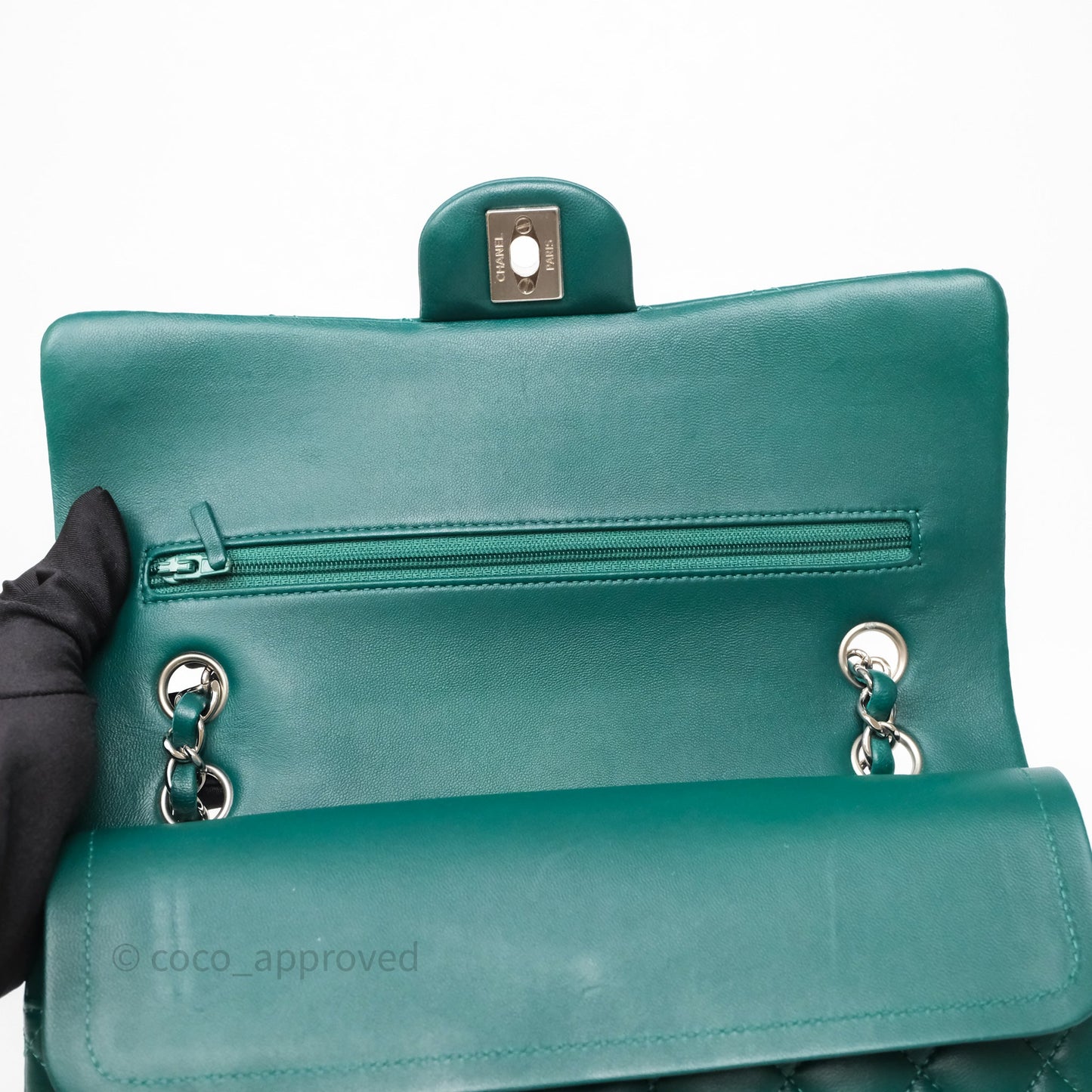 Chanel Medium Classic Flap Quilted Dark Green Lambskin Silver Hardware