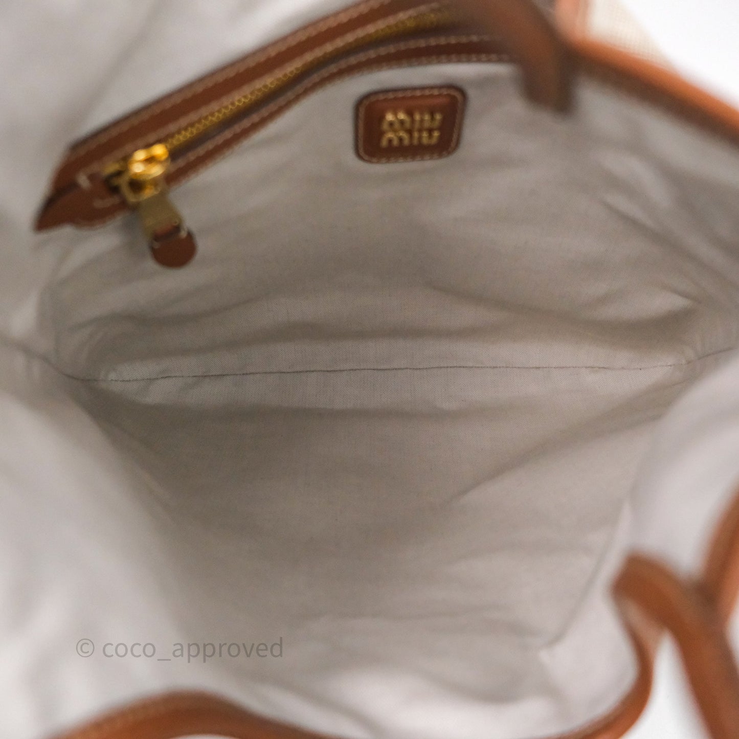 Miu Miu Ivy Tote Bag Canvas Beige/Brandy