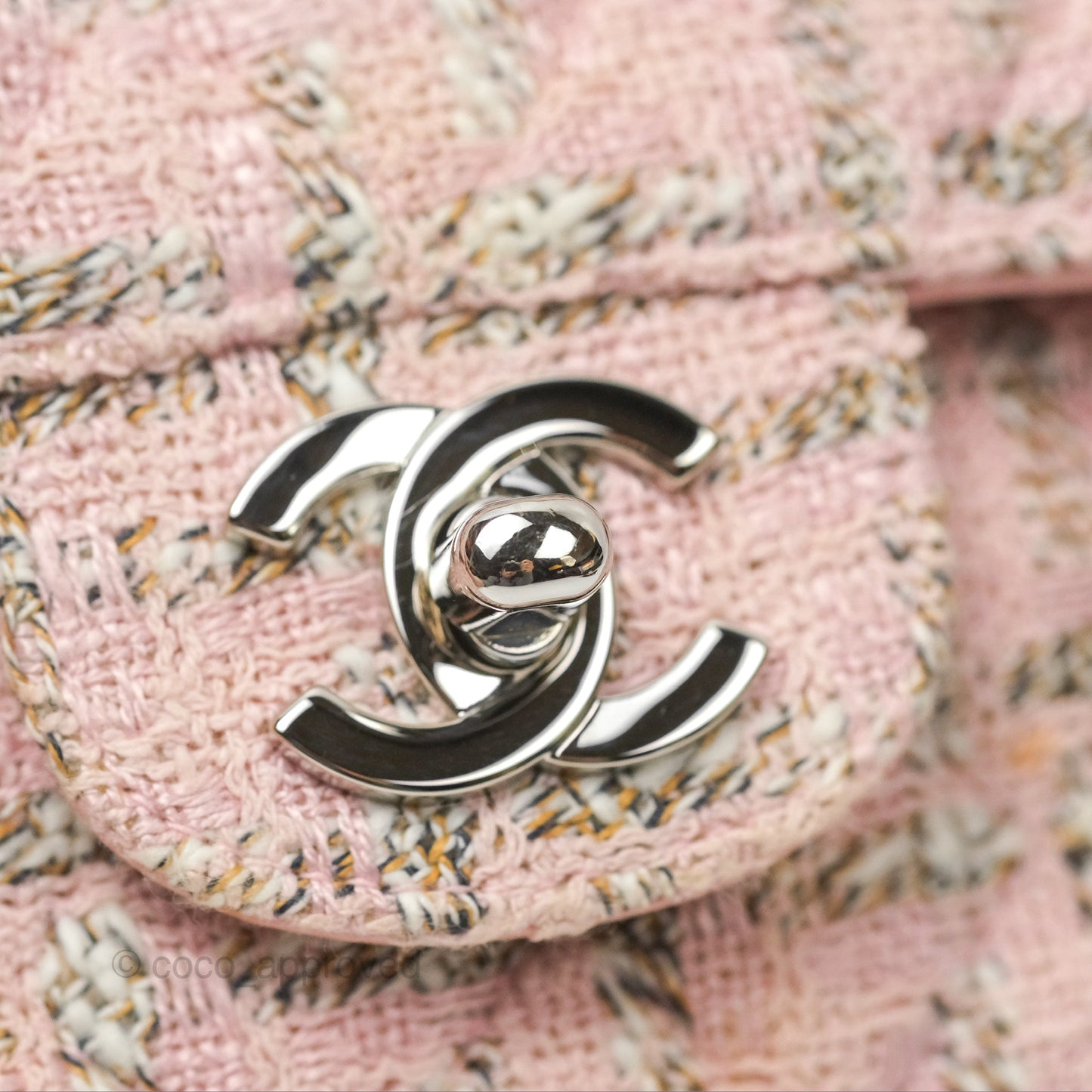 Chanel Classic M/L Medium Flap Quilted Pink Tweed Silver Hardware