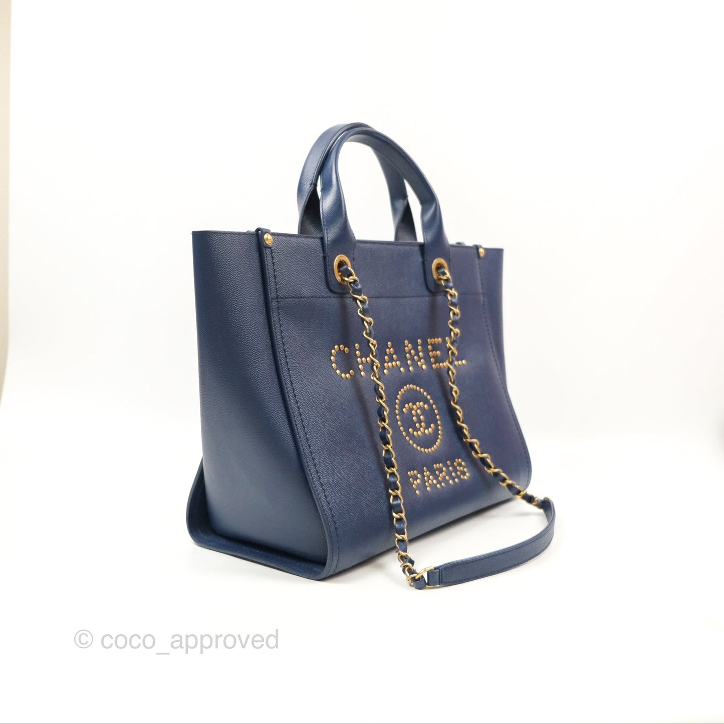Chanel Small Studded Deauville Tote Navy Caviar Aged Gold Hardware