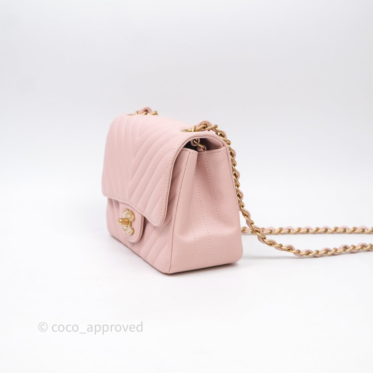 Chanel Mini Square Chevron Pink Calfskin Aged Gold Hardware