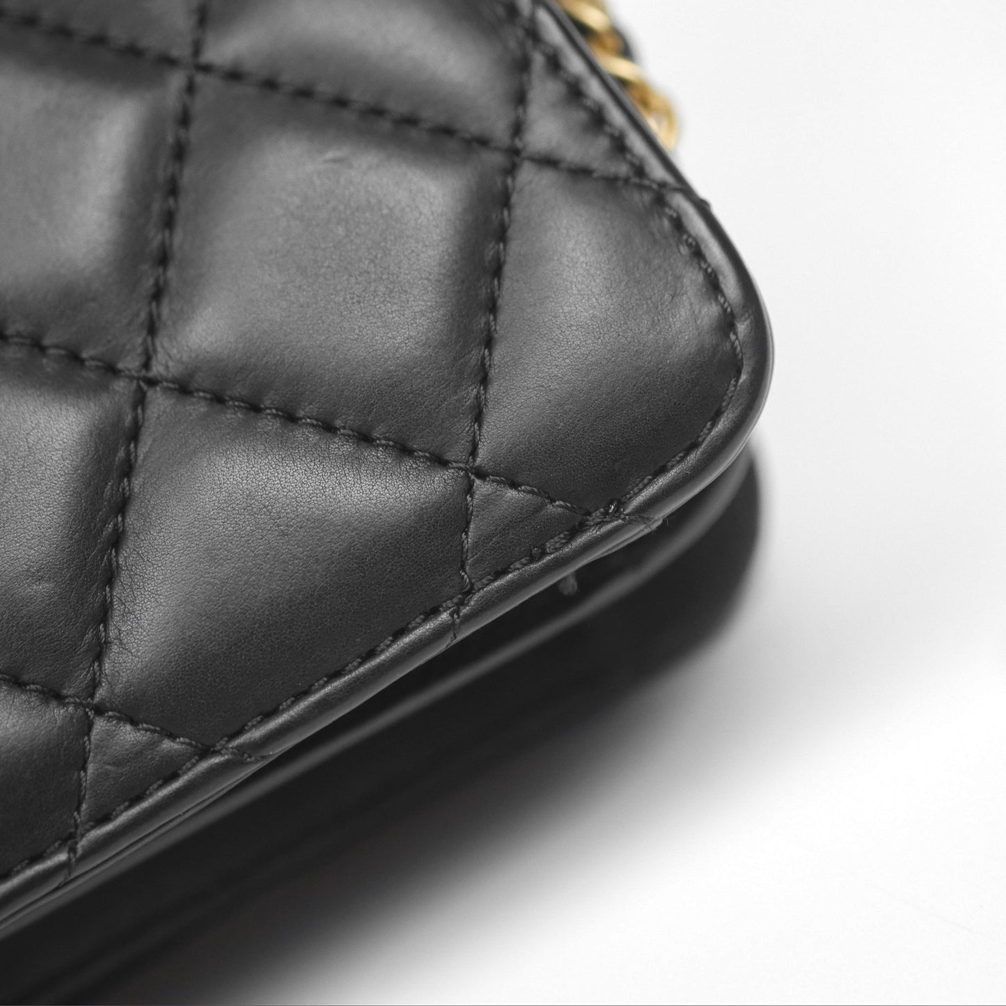 Chanel Quilted Side Chain Flap Bag Black Calfskin Aged Gold Hardware