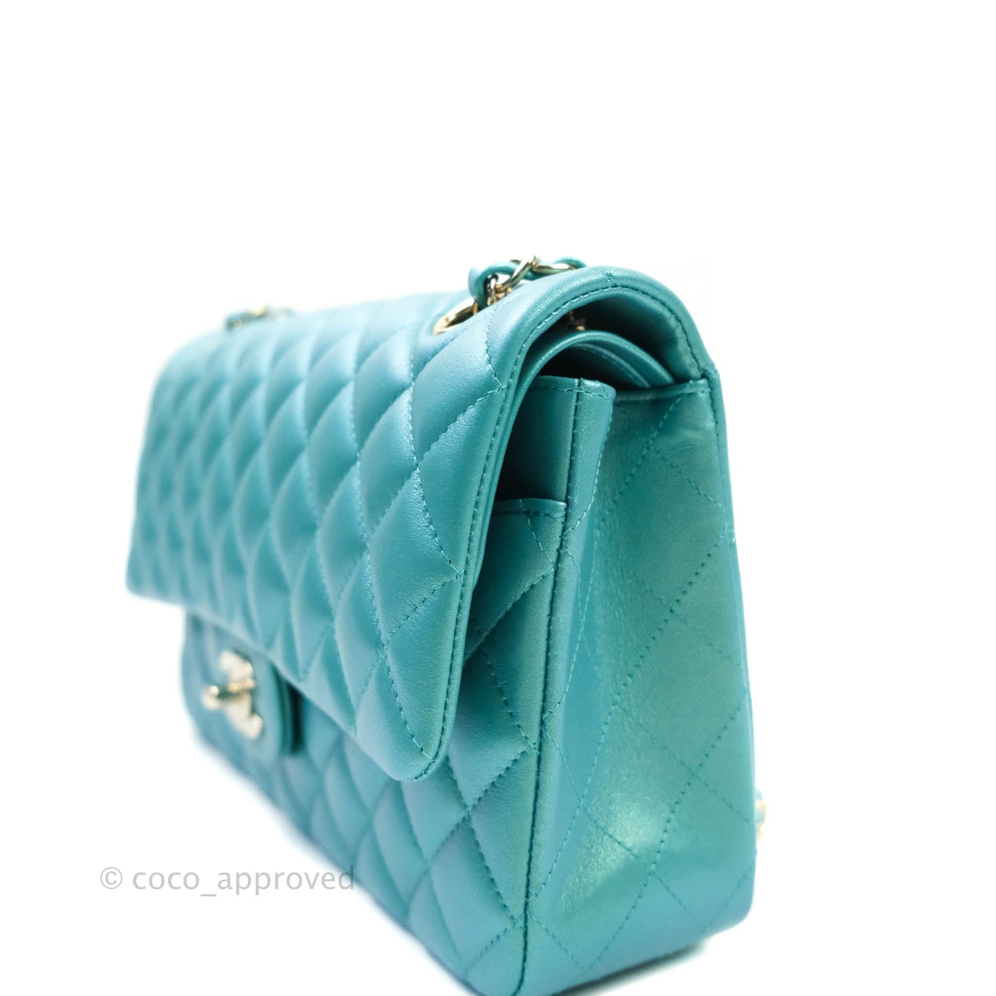 Chanel Classic M/L Medium Double Flap Iridescent Turquoise Calfskin Gold Hardware