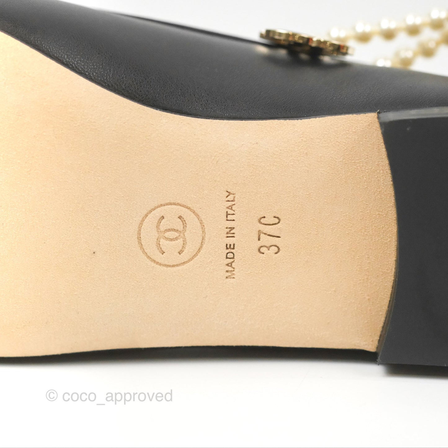 Chanel Ankle Double Pearl Pendant Flat Ballerinas Black Lambskin Size 37