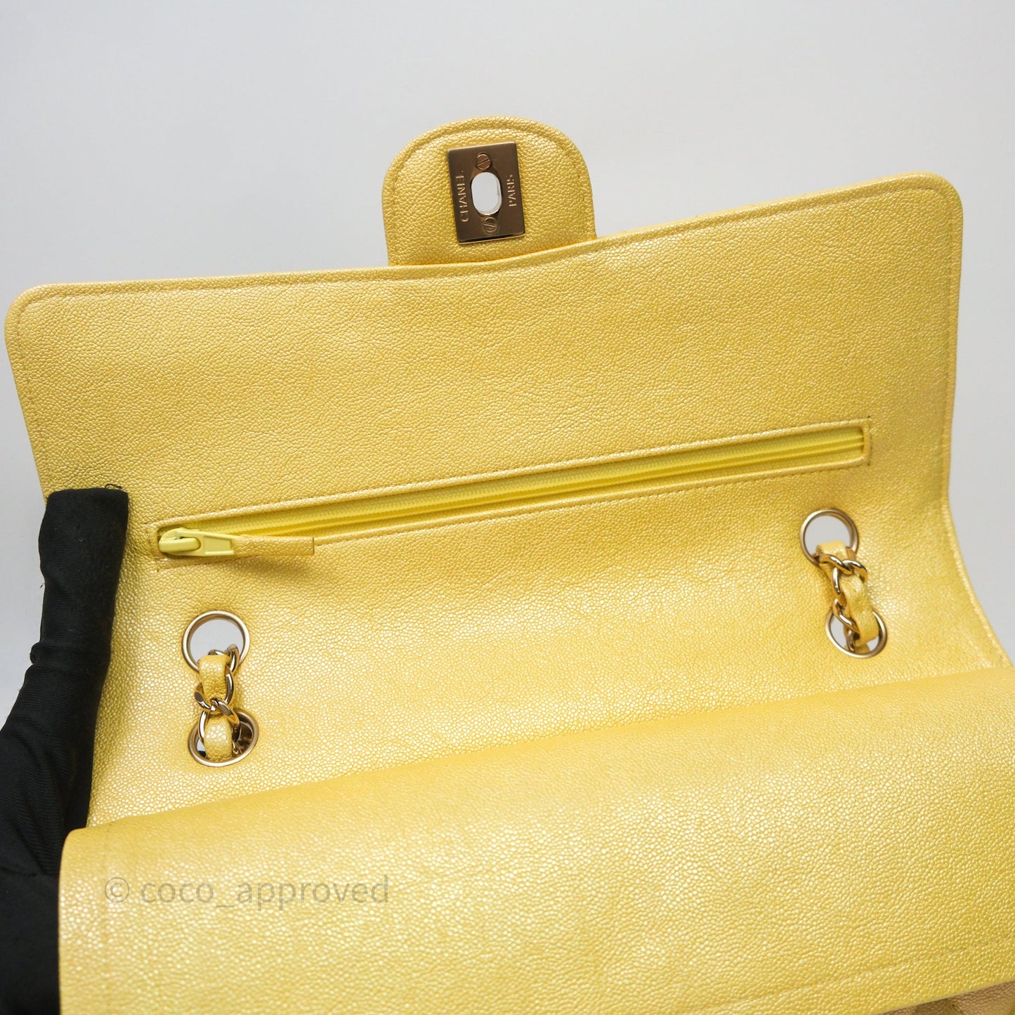 Chanel Classic M/L Medium Flap Quilted Iridescent Yellow Caviar Gold Hardware