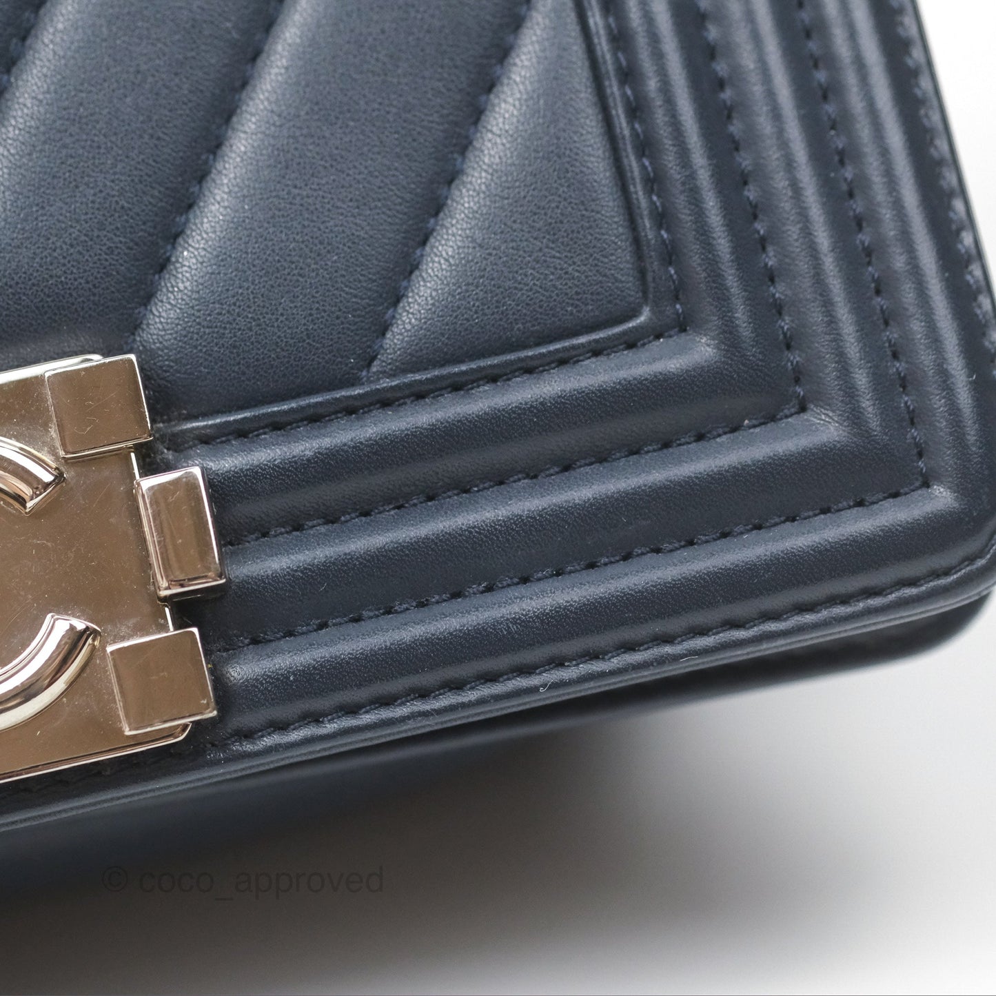 Chanel Small Chevron Boy Navy Calfskin Silver Hardware