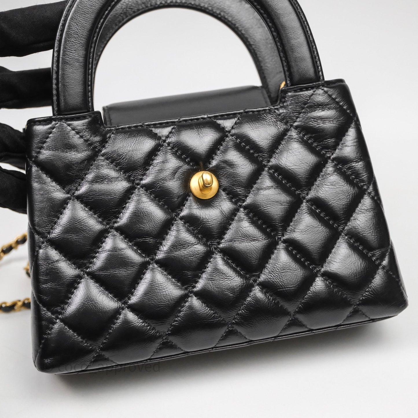 Chanel Kelly Bag Quilted Black Shiny Crumpled Calfskin Aged Gold Hardware