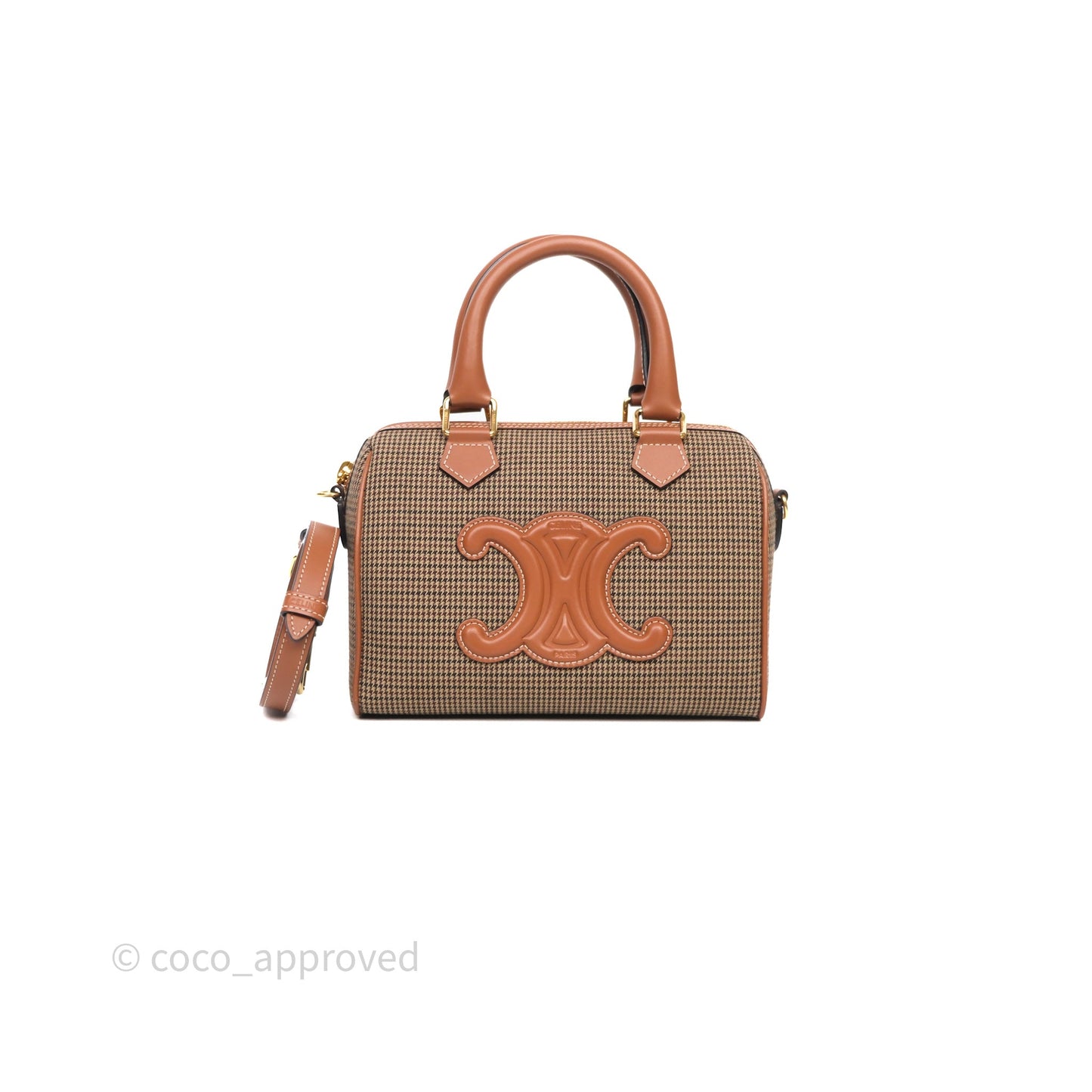 Celine Small Brown Houndstooth Boston Cuir Triomphe Tan Smooth Calfskin Bag