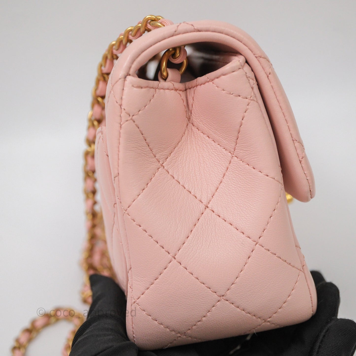 Chanel Pearl Crush Mini Square Quilted Pink Lambskin Aged Gold Hardware