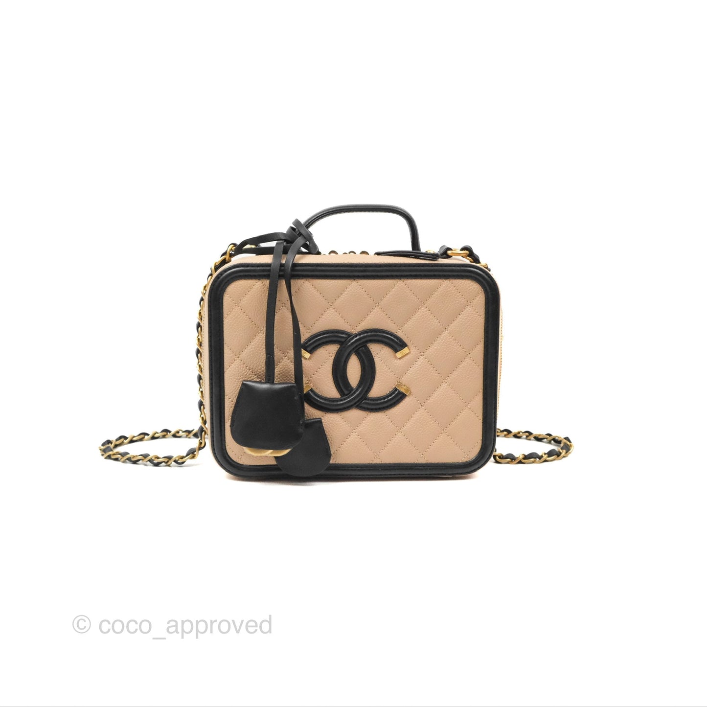 Chanel Quilted Medium CC Filigree Vanity Case Beige Black Caviar Gold Hardware