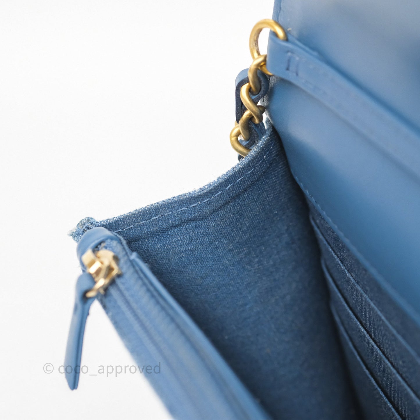 Chanel Quilted Pearl Crush Wallet on Chain WOC Denim Aged Gold Hardware