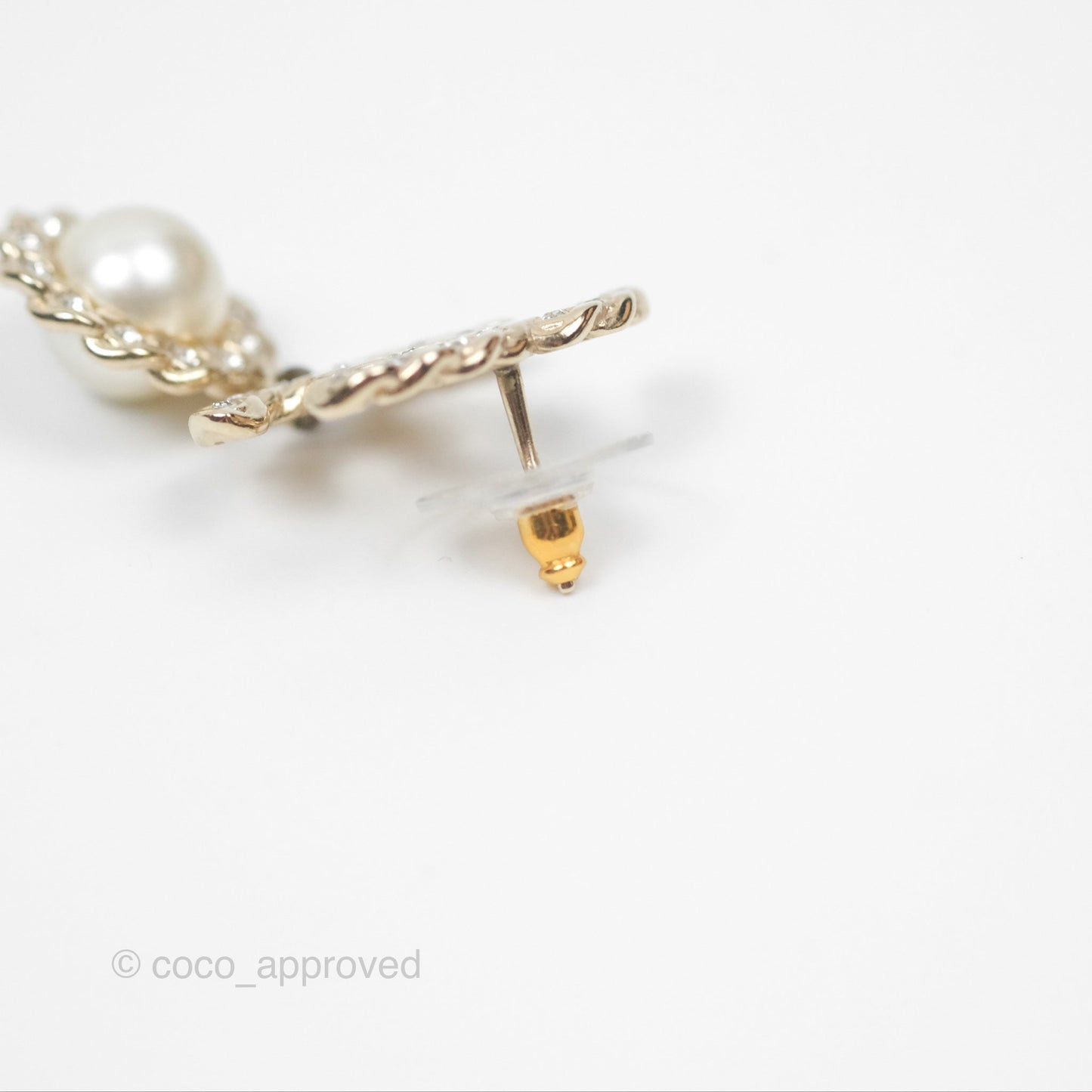 Chanel Crystal CC Pearl Drop Earrings Gold Tone 19P