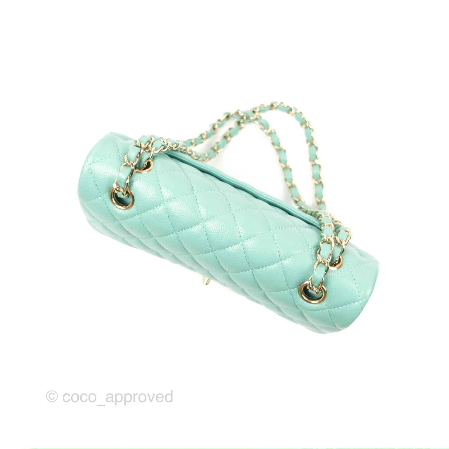 Chanel Small Classic Quilted Flap Tiffany Green Caviar Gold Hardware
