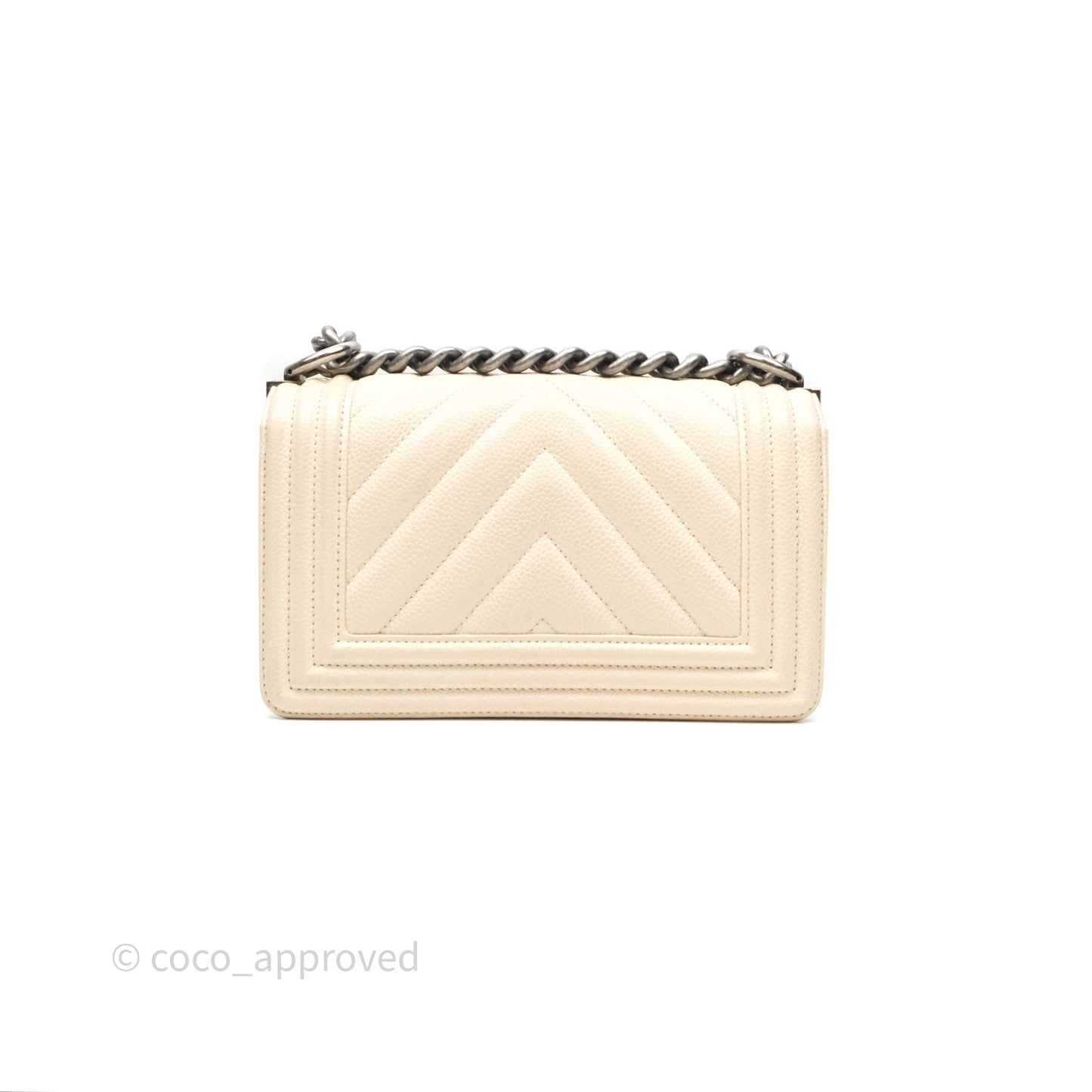 Chanel Small Boy Chevron Beige Caviar Ruthenium Hardware