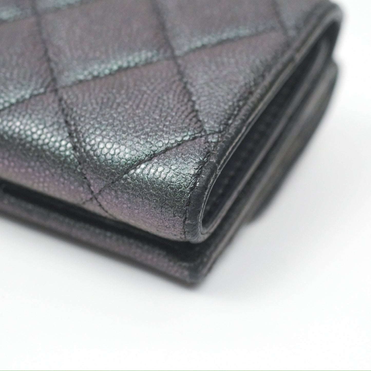 Chanel Quilted White CC Short Wallet Iridescent Green Purple Gold Hardware