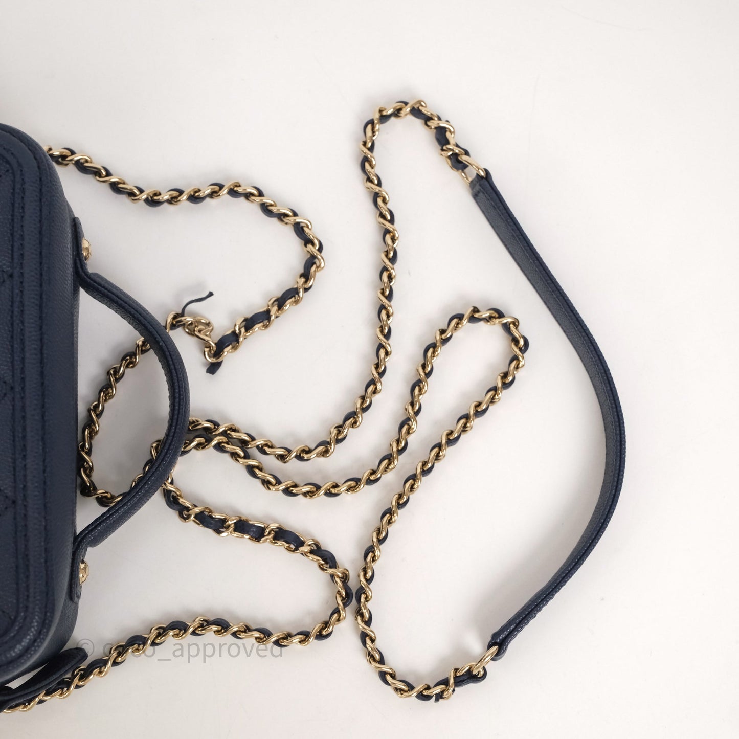 Chanel Quilted Small CC Filigree Vanity Case Navy Caviar Gold Hardware