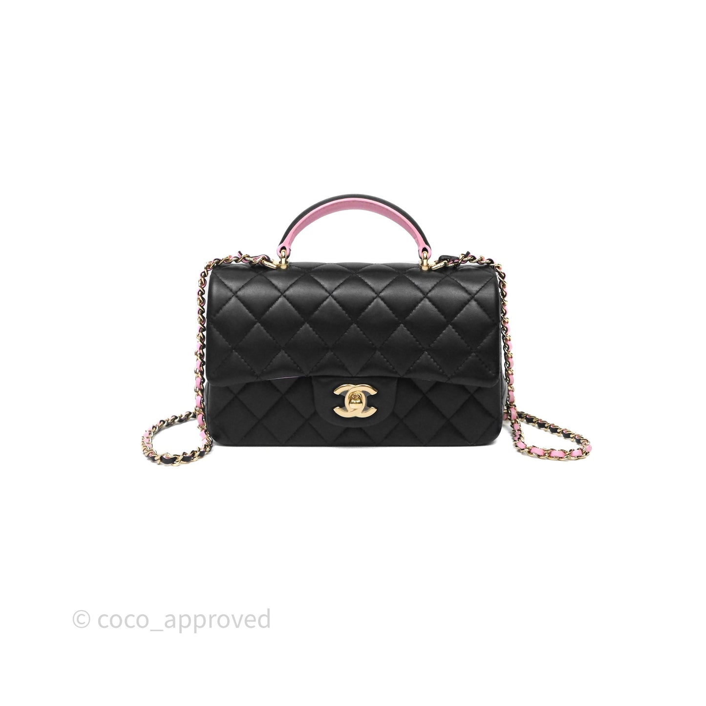 Chanel Top Handle Mini Rectangular Flap Black/Pink Lambskin Gold Hardware 23P