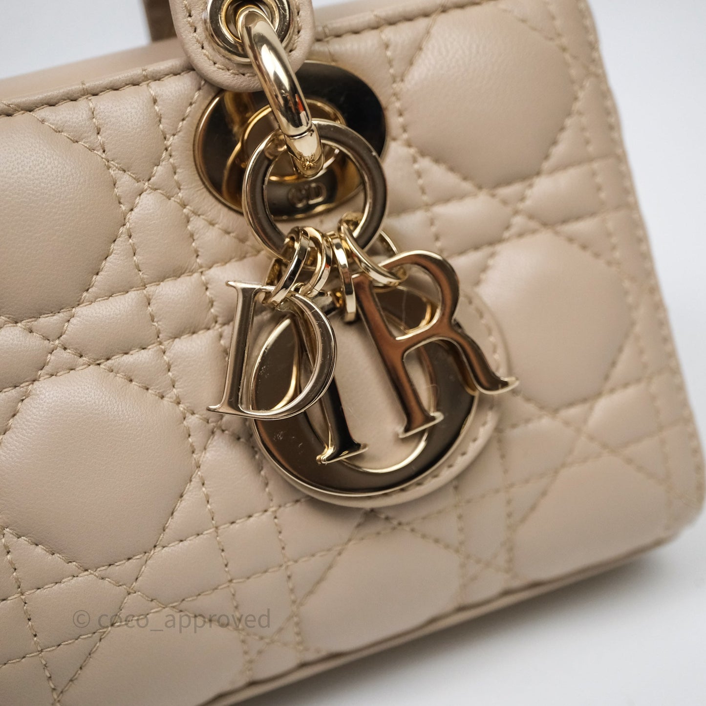 Christian Dior Small Lady D-Joy Powder Beige Cannage Lambskin Gold Hardware
