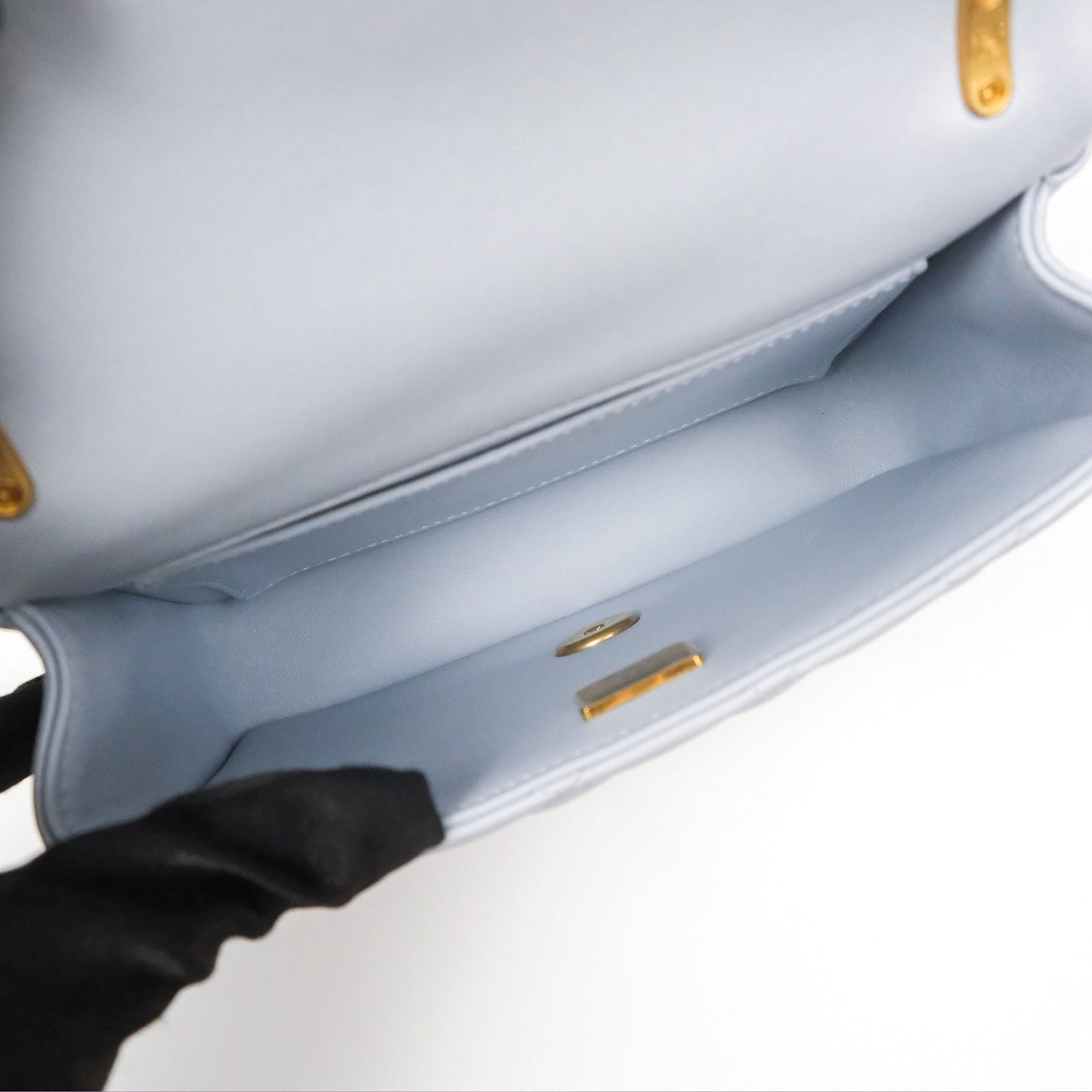 Chanel Pearl Chain Mini Flap Bag Pearly Light Blue Lambskin Aged Gold Hardware 24P