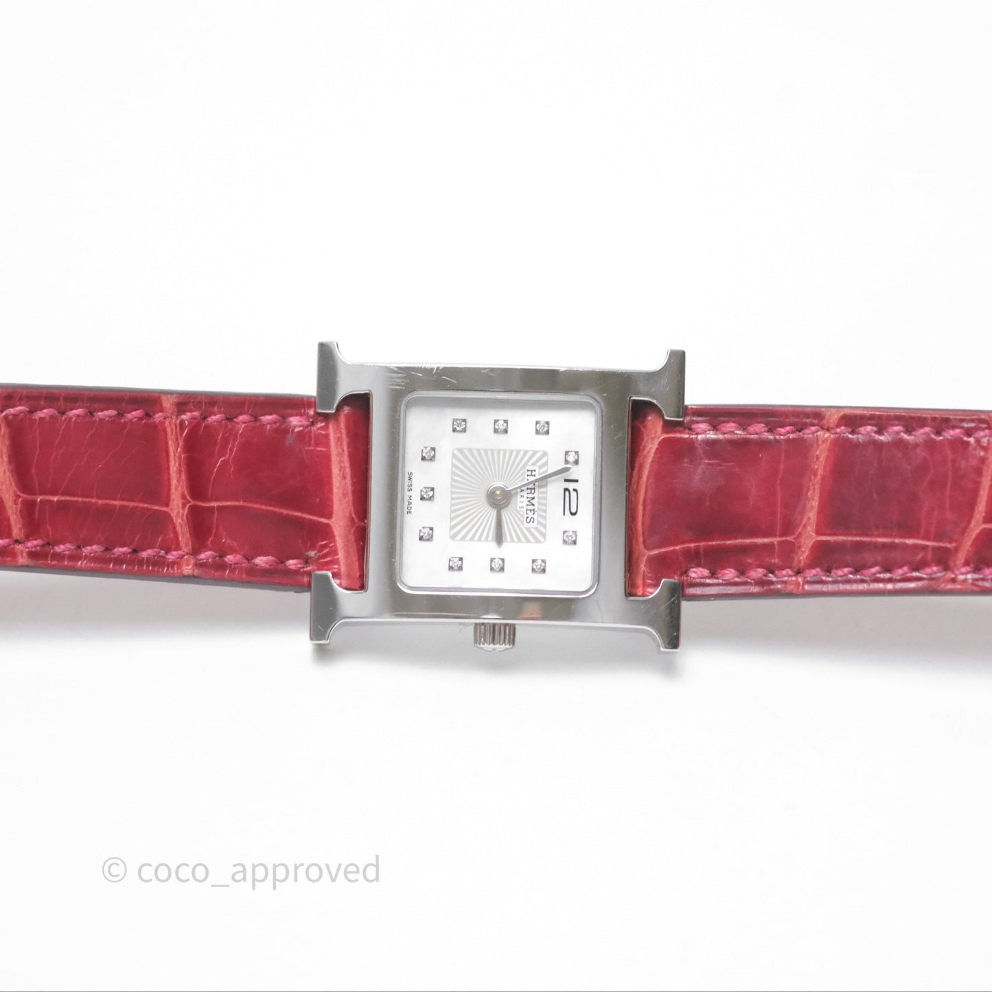 Hermès Heure H Watch Diamond Red Alligator Palladium Hardware