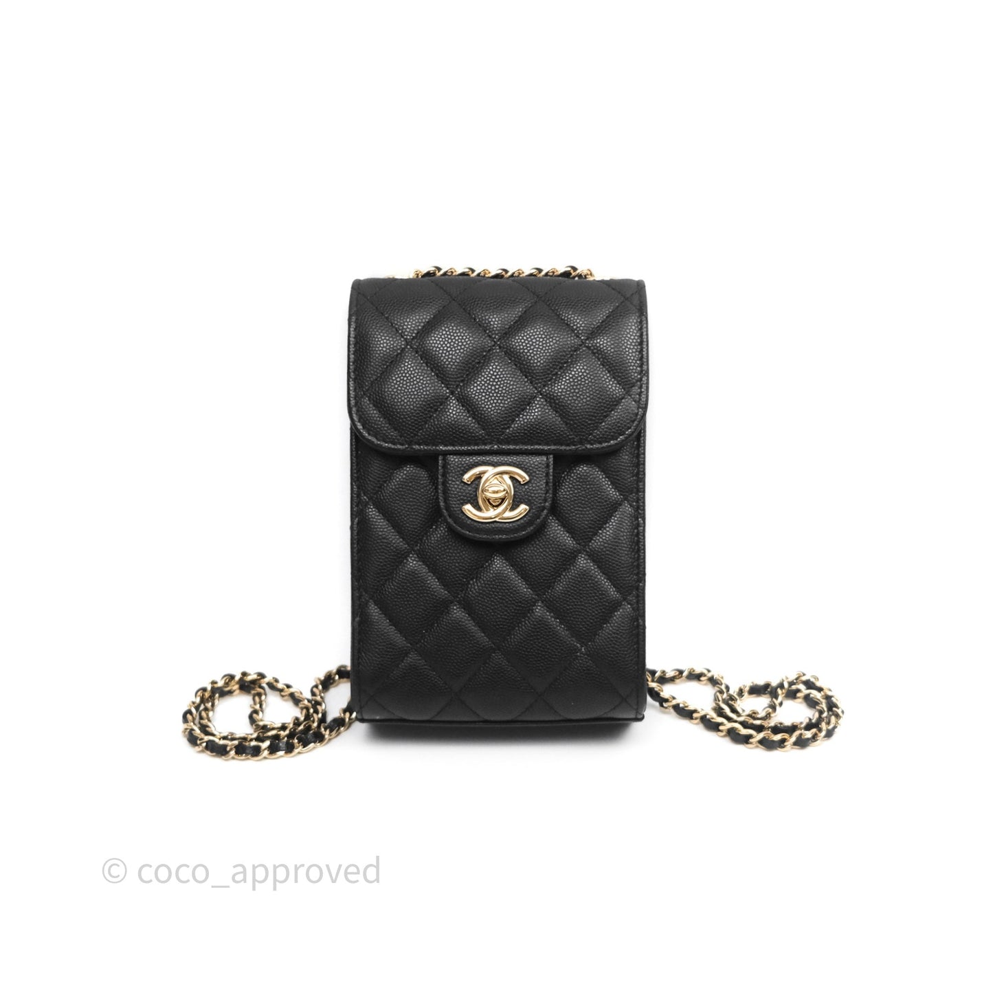 Chanel Classic Quilted Phone Holder Black Caviar Gold Hardware