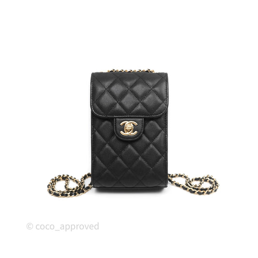 Chanel Classic Quilted Phone Holder Black Caviar Gold Hardware