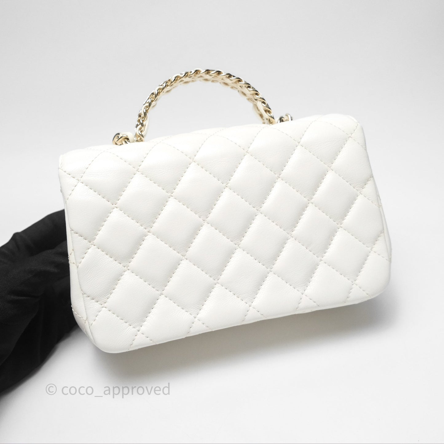 Chanel Crystals Top Handle Mini Rectangular Flap Bag White Lambskin Gold Hardware