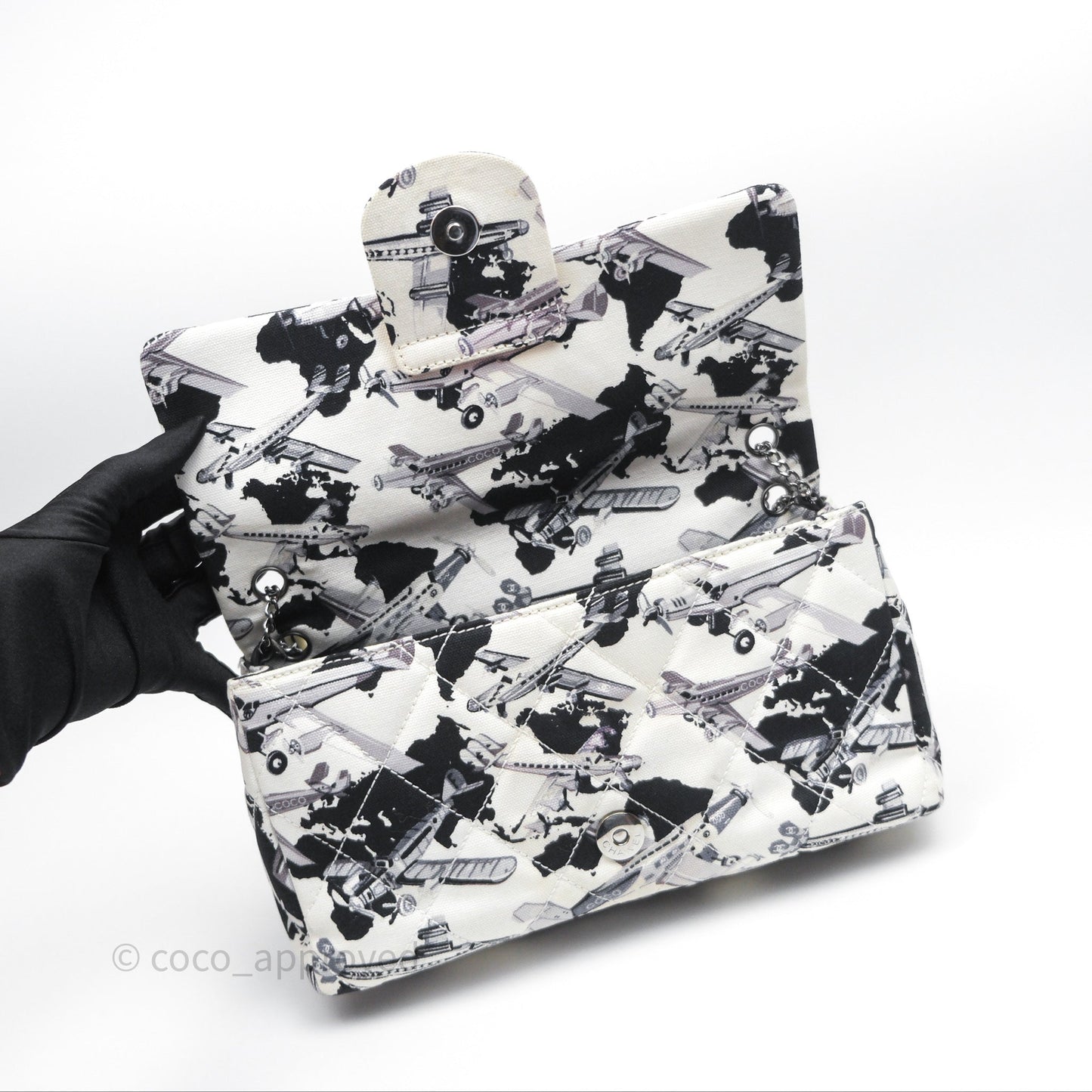 Chanel Quilted Airplane Printed Shoulder Flap Bag Canvas White